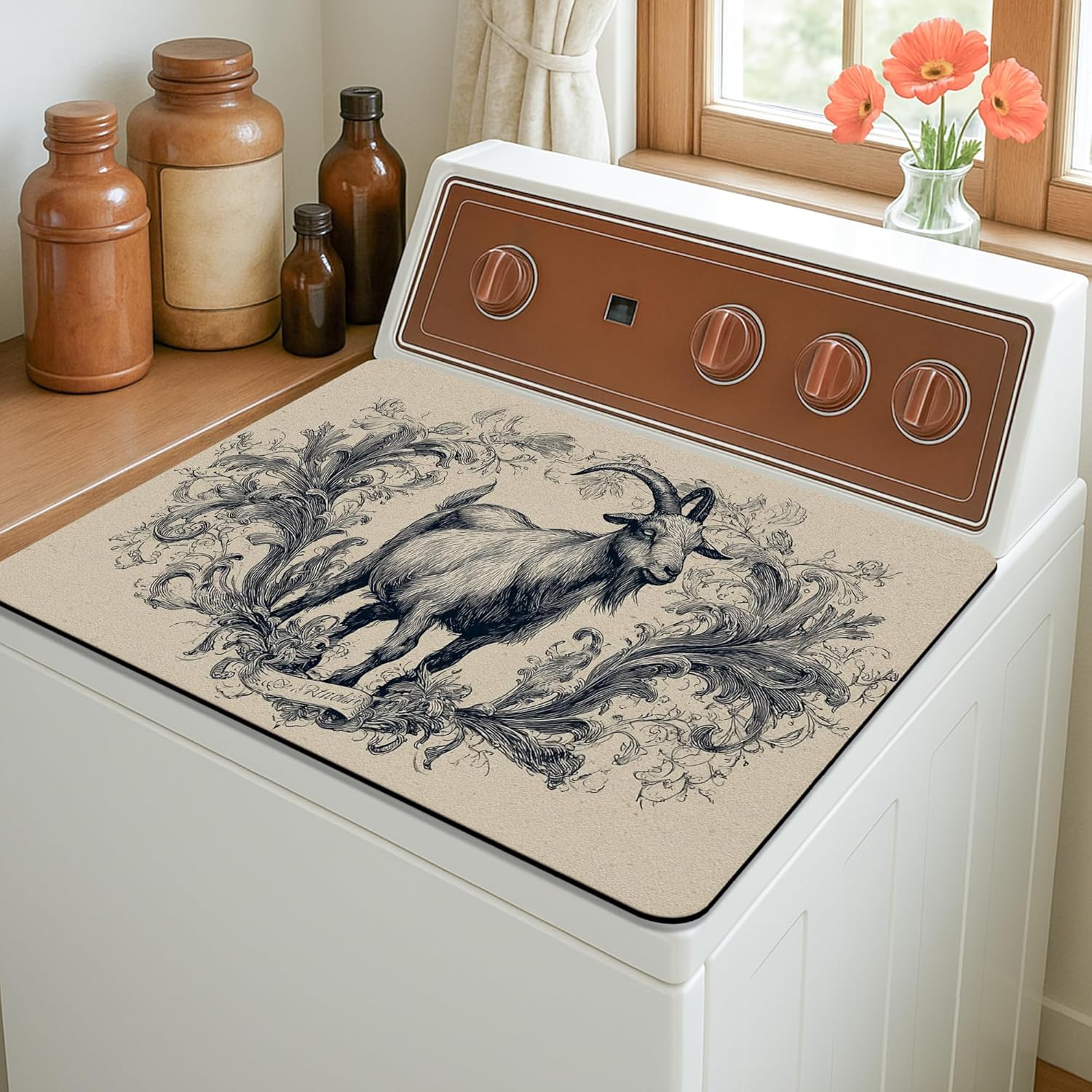 Vintage Goat Washer Dryer Top Protector Mat, Rustic Floral Laundry Machine Dust Covers, Artisan Rubber Anti-slip Waterproof Washer And Dryer Mats for Home 20x24 Inch