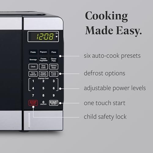 Farberware 0.7 Cu. Ft. Countertop Microwave Oven – 700 Watts Power, Auto Cook Settings, Defrost, Easy Clean and Child Safety Lock - Stainless and Black