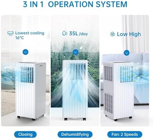 8,000 BTU Portable Air Conditioner, 3-In-1 Portable AC Unit With Cool, Dehumidifier and Fan Modes for Rooms Up to 350 Sq.Ft, Remote Control, 24 Hour Timer, Window Kits Included