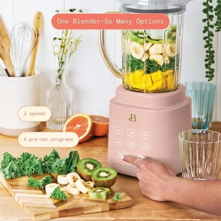 Beautiful PowerExact Blender System, Rose by Drew Barrymore – 700 W Motor, PrecisionSense, Touch Display, 50 oz Tritan Pitcher + 20 oz Cup with No-Drippy Sippy Lid (White)