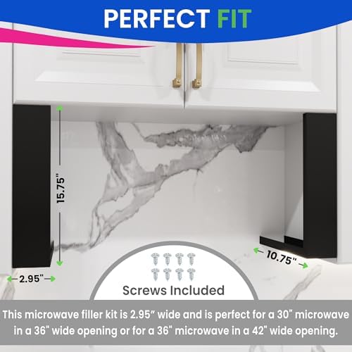 Universal Microwave Trim Kit - Black metal Microwave Filler Kit Fits Most Built In Microwaves- Fills Over the Range Microwave Oven Cabinet Gap - 15.75”D x 10.75”H x 2.95”W