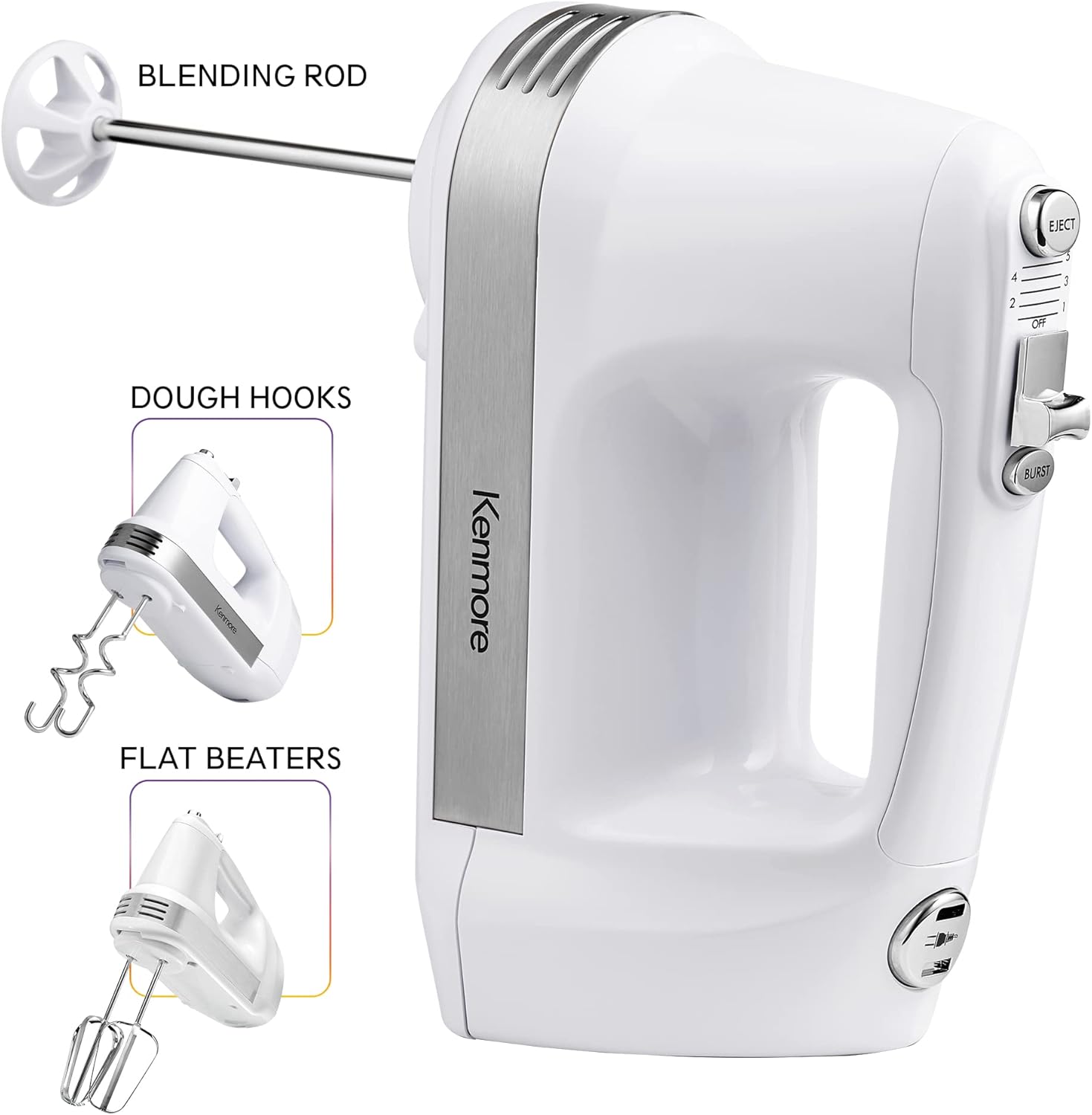 Kenmore Hand Mixer – 5 Speed Handheld Blender, Electric Egg Beater, Whisk, Dough Hooks, Storage Case, Turbo Boost for Cake Mix, Baking, Retractable Cord, Kitchen Appliances