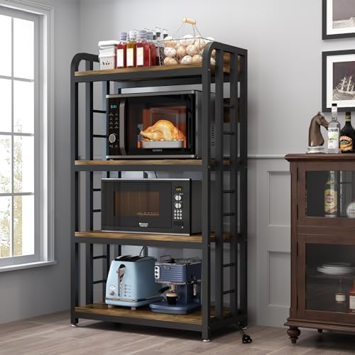 Bakers Rack with Power Outlet ，4-Tier Kitchen Baker's Rack,Microwave Stand with Storage Suitable for Kitchen, Living Room, Dinning Room，Coffee Bar(Rustic Brown)