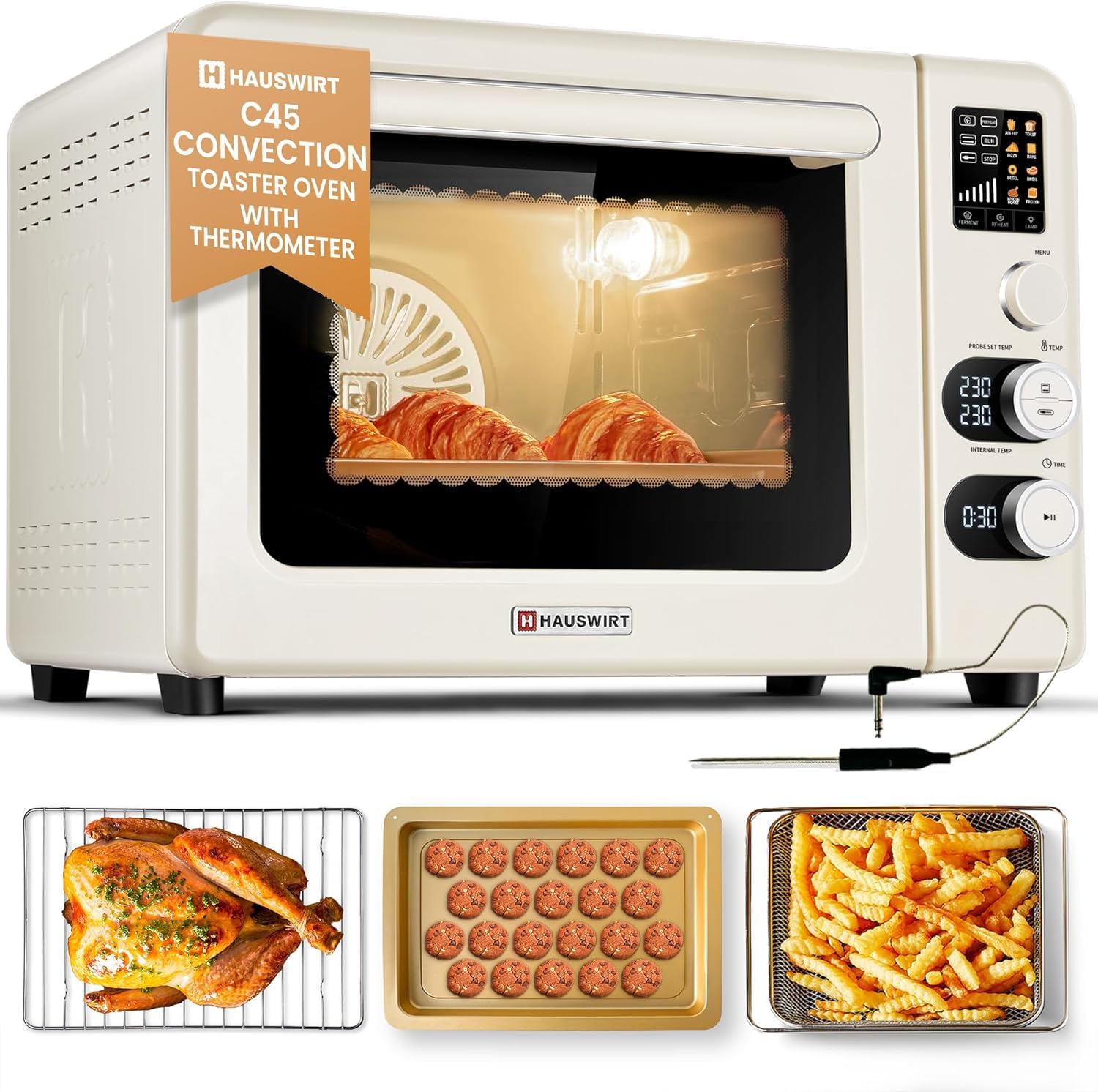 Hauswirt Toaster Oven Air Fryer, XL Large Convection Oven Countertop Rotisserie Chicken 42Qt 3-Tier for 5-8 People, 8 Mode Smart Toaster Stainless Steel 80°F - 500°F Quick & Even Crisp - Ivory