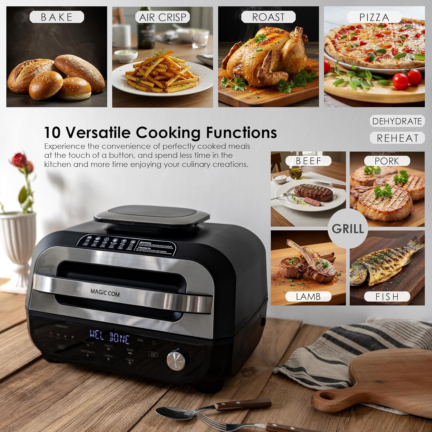 MAGiC COM Indoor Grill Air Fryer Combo, 7-in-1 Electric Grill with Steak, Roast, Air Crisp, Bake, Dehydrate, Pizza and Reheat. Smart Thermometer, Non-Stick, Dishwasher Safe/Black