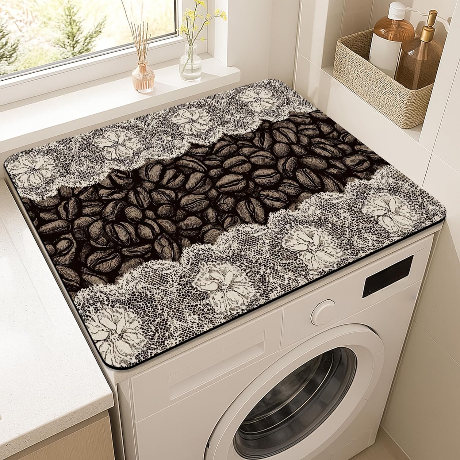 Coffee Beans Washer Dryer Top Protector Mat, Vintage Brown Floral Laundry Machine Dust Covers, Rustic Rubber Anti-slip Waterproof Washer And Dryer Mats for Home 20x24 Inch