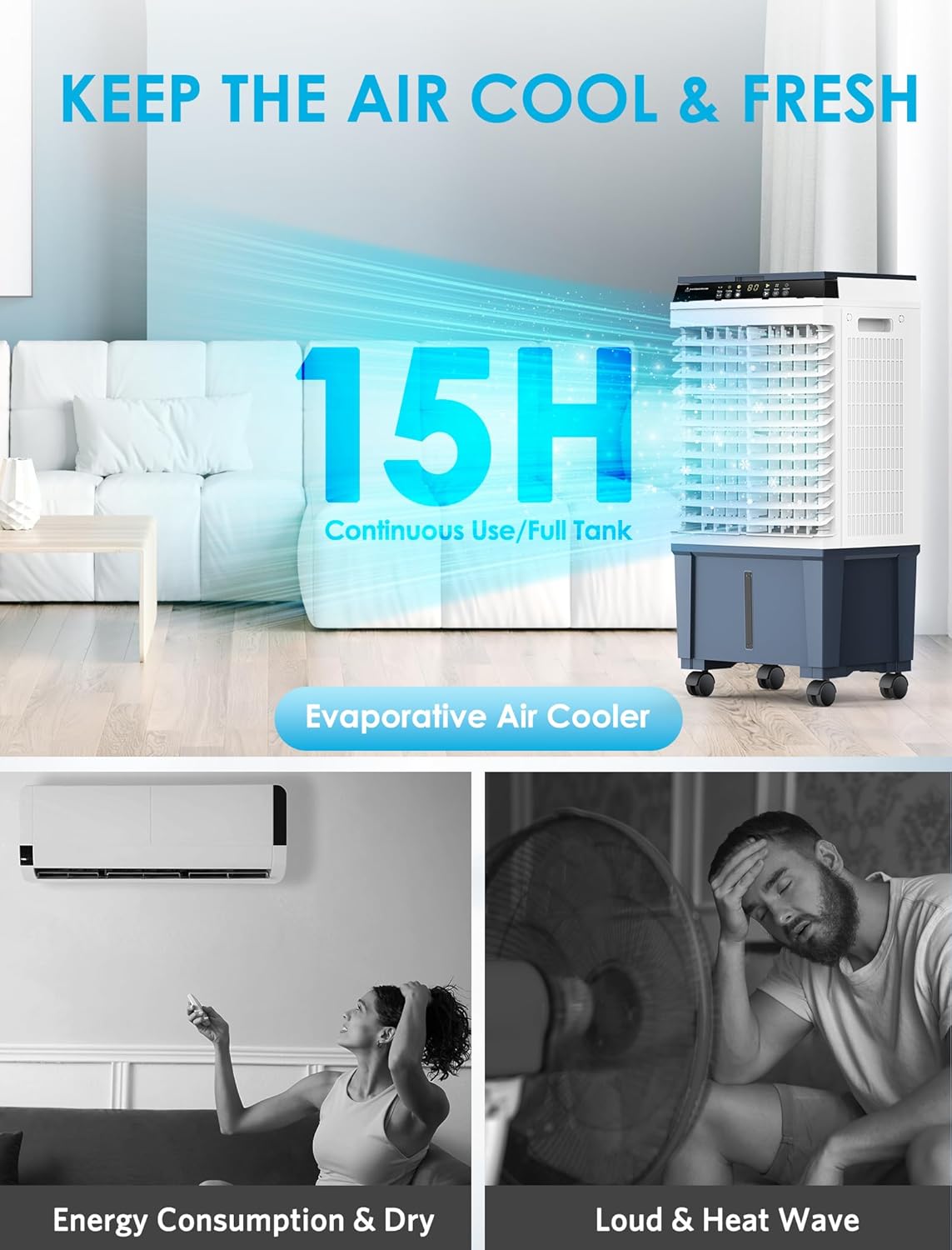 Air Choice Swamp Cooler, 1800 CFM Evaporative Air Cooler with 5.3 Gal Water Tank, 110° Auto Swing, 3 Fan Speeds, 6 Ice Packs, Remote, 12H Timer, Portable Air Cooling Fan for Outdoor & Indoor, Grey