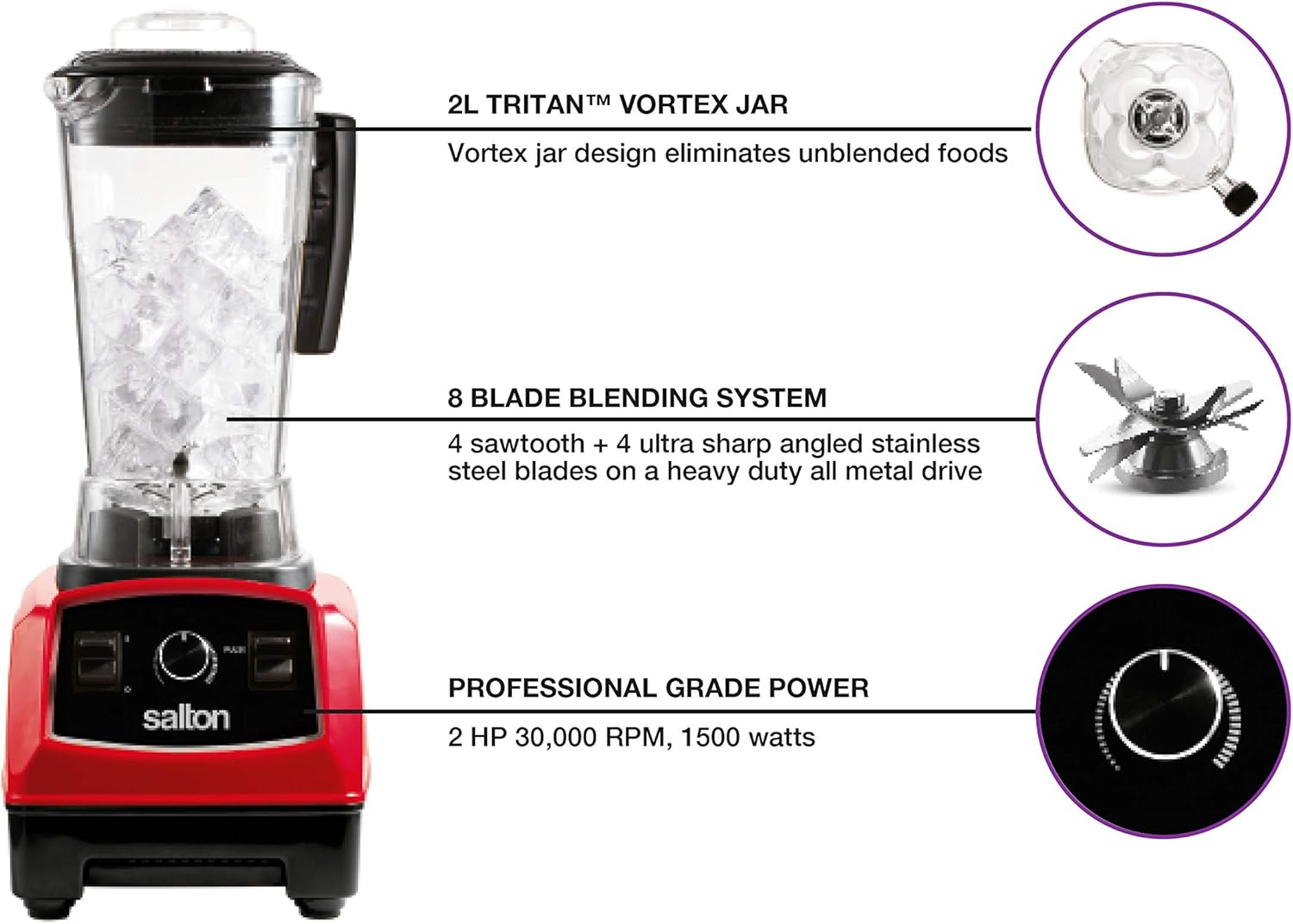Salton BL1486RBT Power 2 L/QT Table Top Blender, 2 Liters, Red