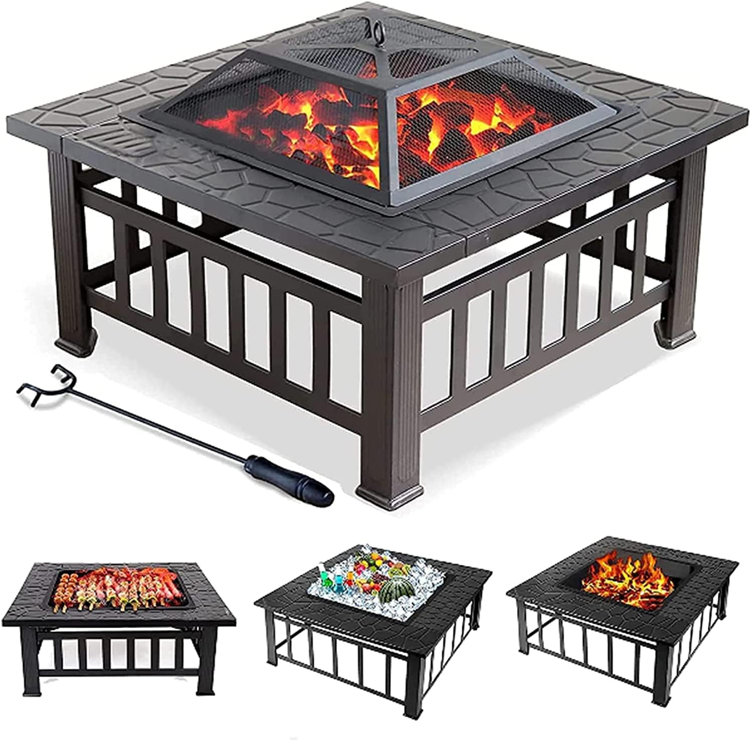 BBQ Grill Outdoor Large Outdoor Fire Pits, 32in Square Bonfire Firepit, Wood Burning Fireplace Stove w/Spark Cover Screen & Poker & Grill Grate, for Patio/Camping/Backyard/BBQ/Garden/Bonfire