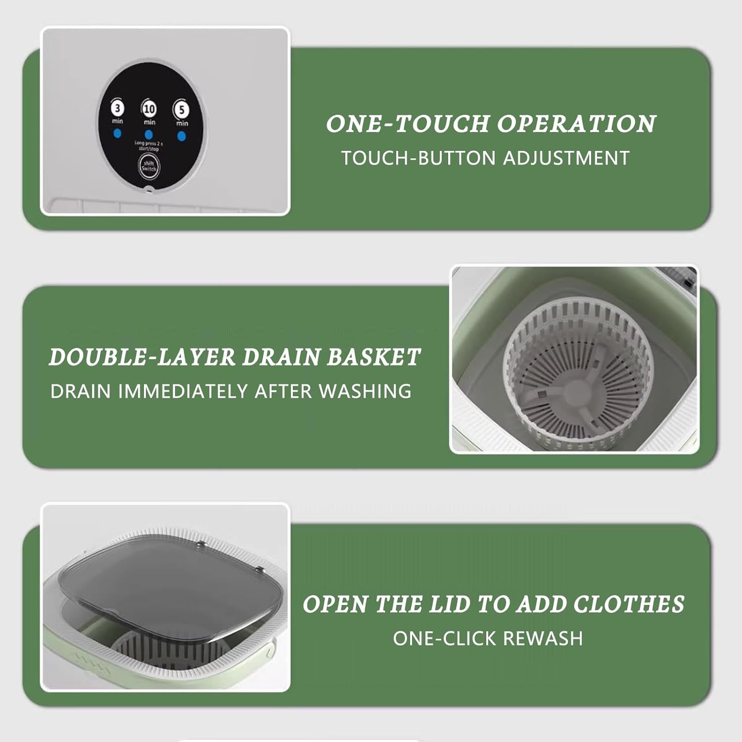 16L Foldable Portable Washing Machine with Spin Basket 3 Modes Washer for Clothes Socks Delicates Portable Washer Ideal for Travel Camping Home Apartment(Green)