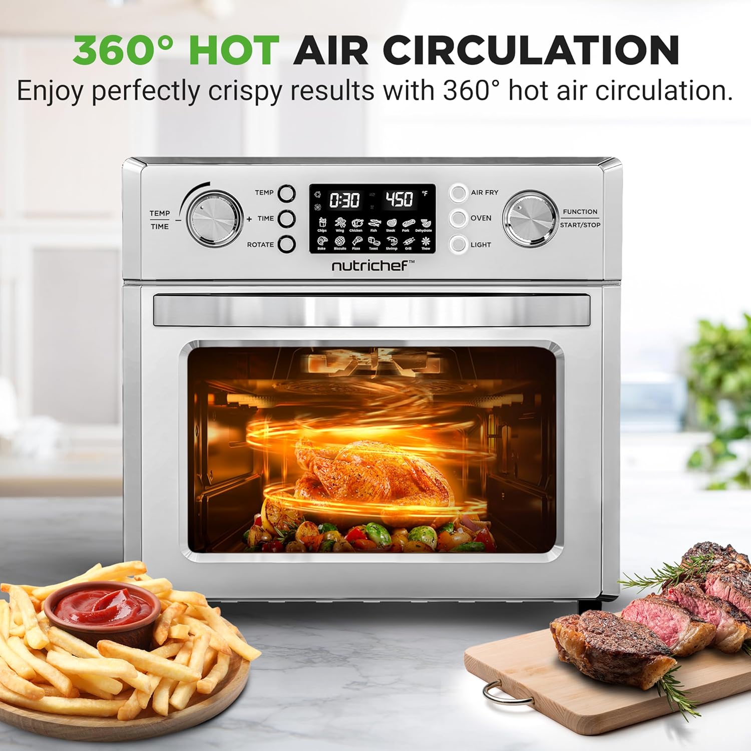 NutriChef 26QT Air Fryer Oven | Countertop Convection Toaster & Air Fryer | 360° Rotisserie Feature | 10 Digital Presets | Includes Drip Tray, Air Frying Basket & Bake Rack 15x16x14 | Stainless Steel