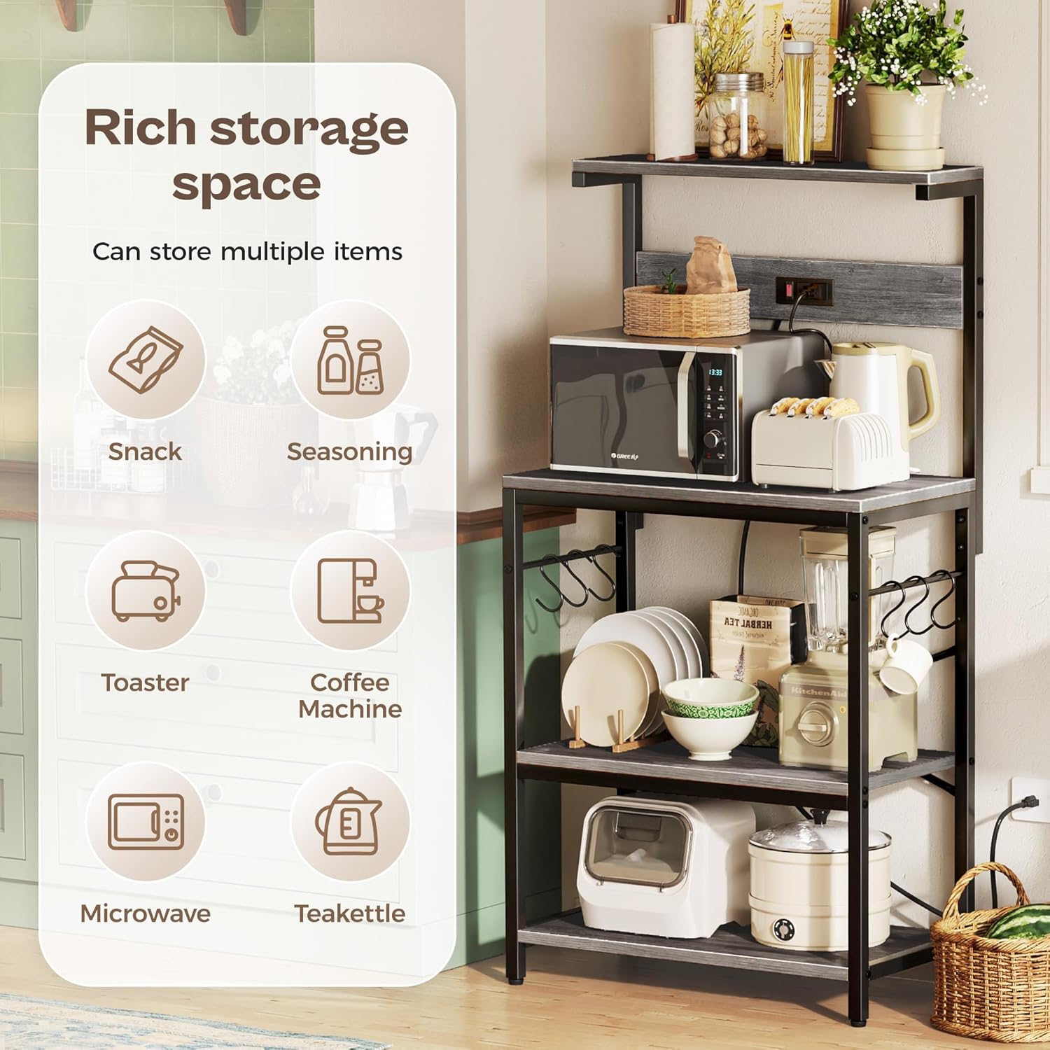 SUPERJARE Kitchen Bakers Rack with Power Outlet, Coffee Bar Table 4 Tiers, Kitchen Microwave Stand with 6 S-Shaped Hooks, Storage Shelf Rack for Spices, Pots and Pans - Charcoal Gray