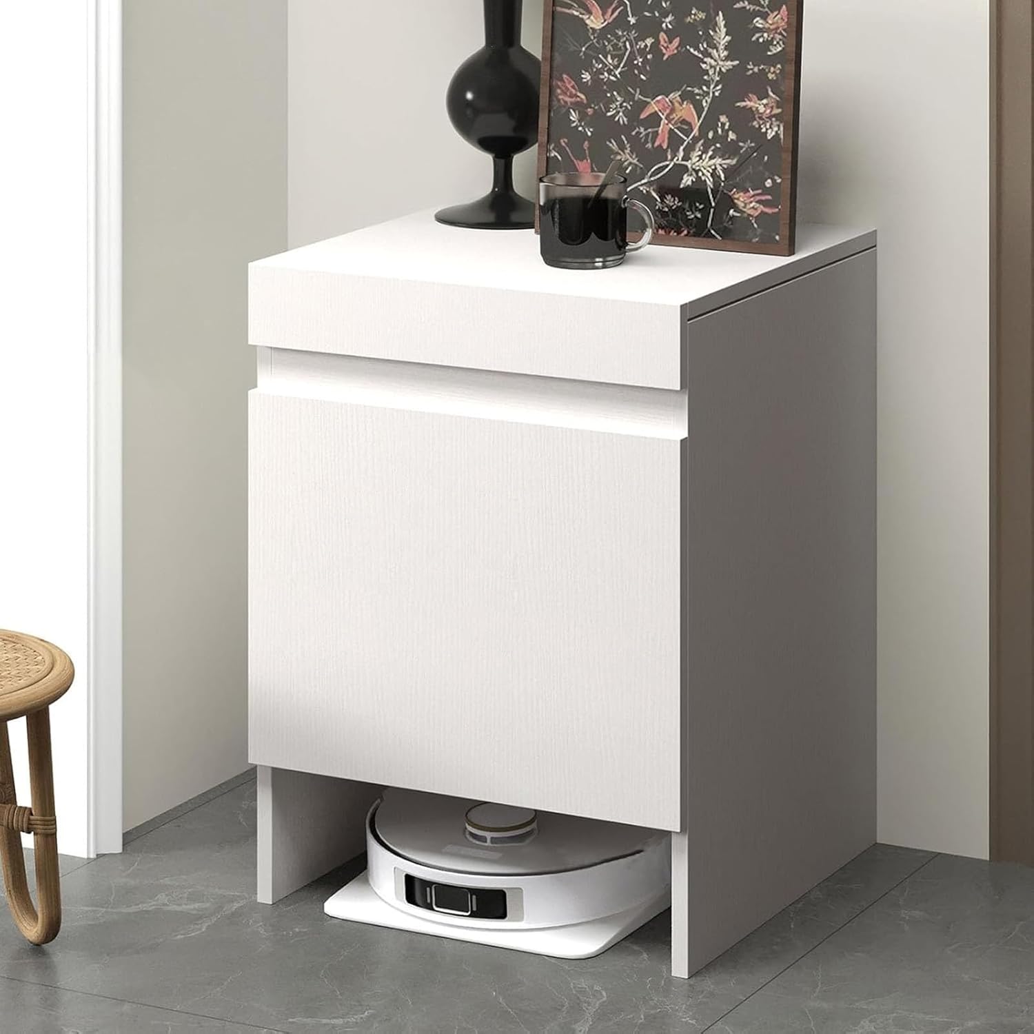 Wood Organizer Stand for Sweeping Robot Vacuum, Robot Vacuum Storage Cabinet Side Table, Sweep Smart Floor Sweeper Hidden Storage Rack for Living Room Kitchen(White)