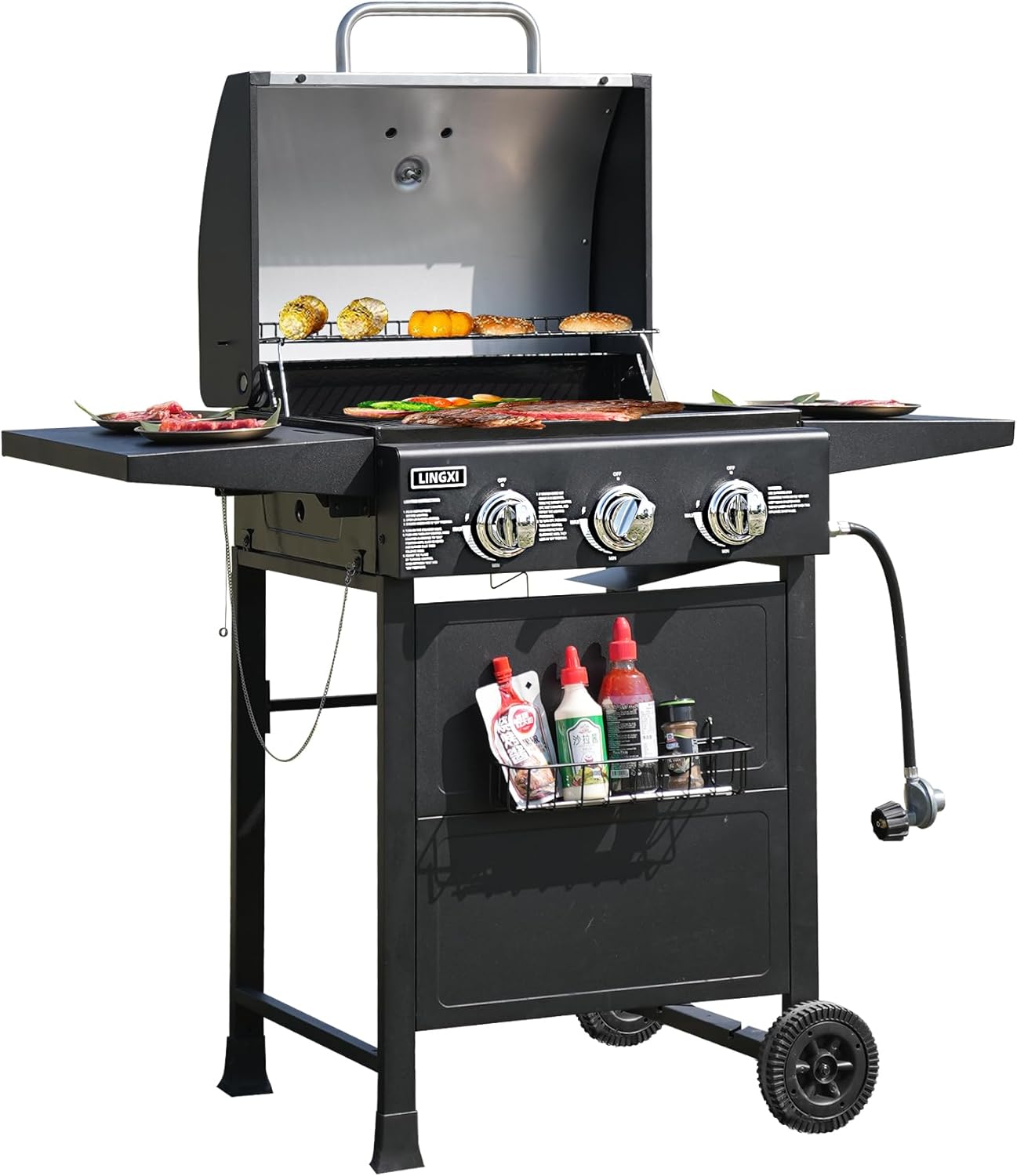 3-Burner Propane Gas Grill, Outdoor BBQ Grill with Hanging Basket and Foldable Side Table, 464.8 Square Inch Grilling Area Grill for Outdoor, Garden, Patio (With hanging basket)