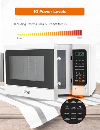 COMMERCIAL CHEF Microwave 1.3 Cu Ft with 10 Power Levels, Microwave with Push Button Door Lock, 1000W Countertop Microwave with Timer and Digital Controls, White