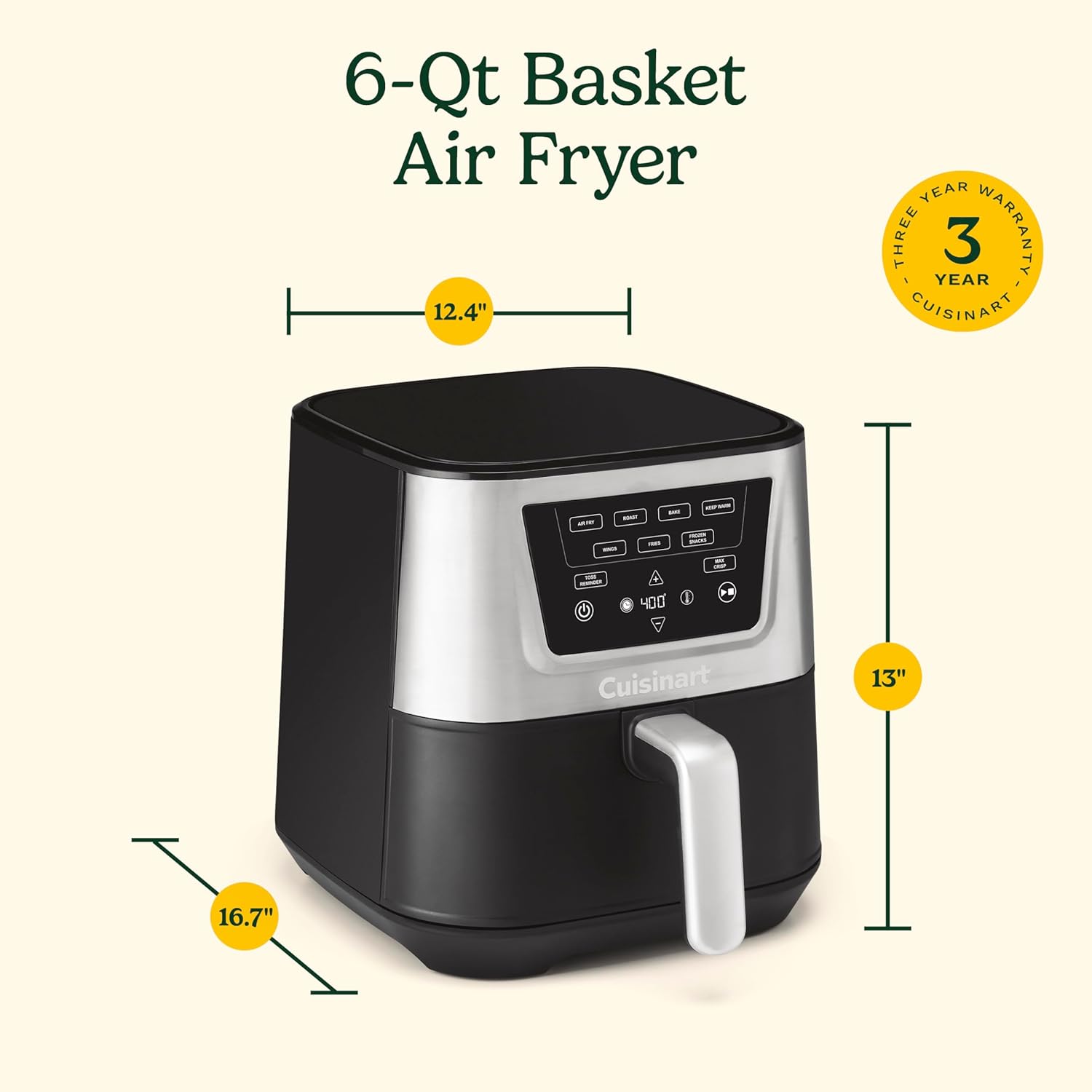 Cuisinart Air Fryer, Large 6-Quart Basket with 4 Cooking Functions to Air Fry, Bake, Roast, and Keep Warm, 3 Presets, PFAS-Free, Dishwasher-Safe Parts, AIR-180, Black & Stainless Steel