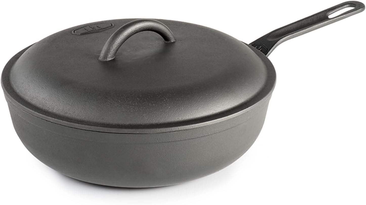 GSI Outdoors Guidecast 10” Deep Frypan I Dual Handle & Self-Basting Dome Lid | Cast Iron, Lightweight, Gourmet Frying Pan, Camp Cookware