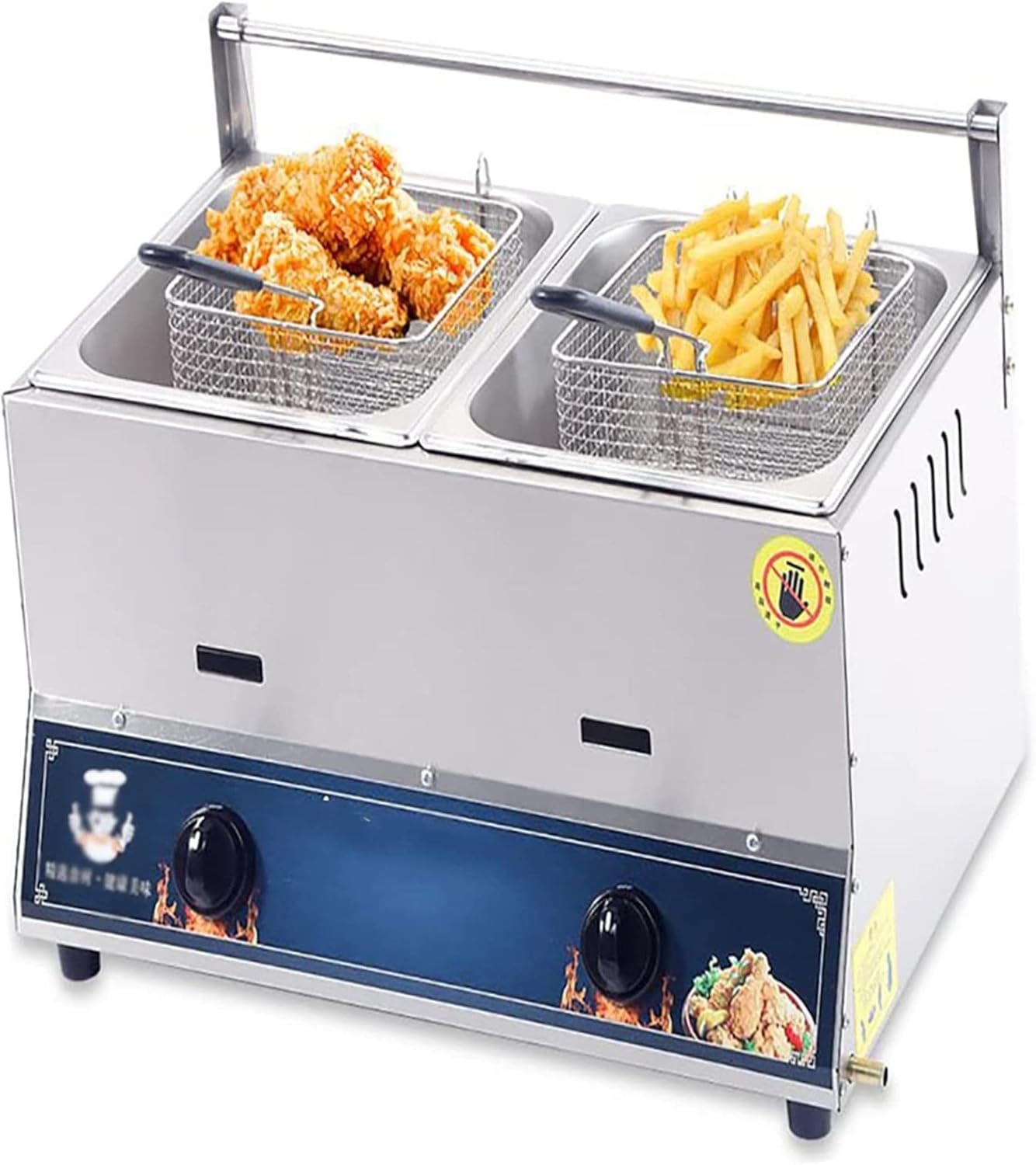 Commercial Gas Fryer, Stainless Steel Dual Tank Deep Fryer, Independent Dual Temperature Control Knob, Split Design, Easy to Clean, for Restaurant and Home Use（10L+10L+2xFried Baskets）