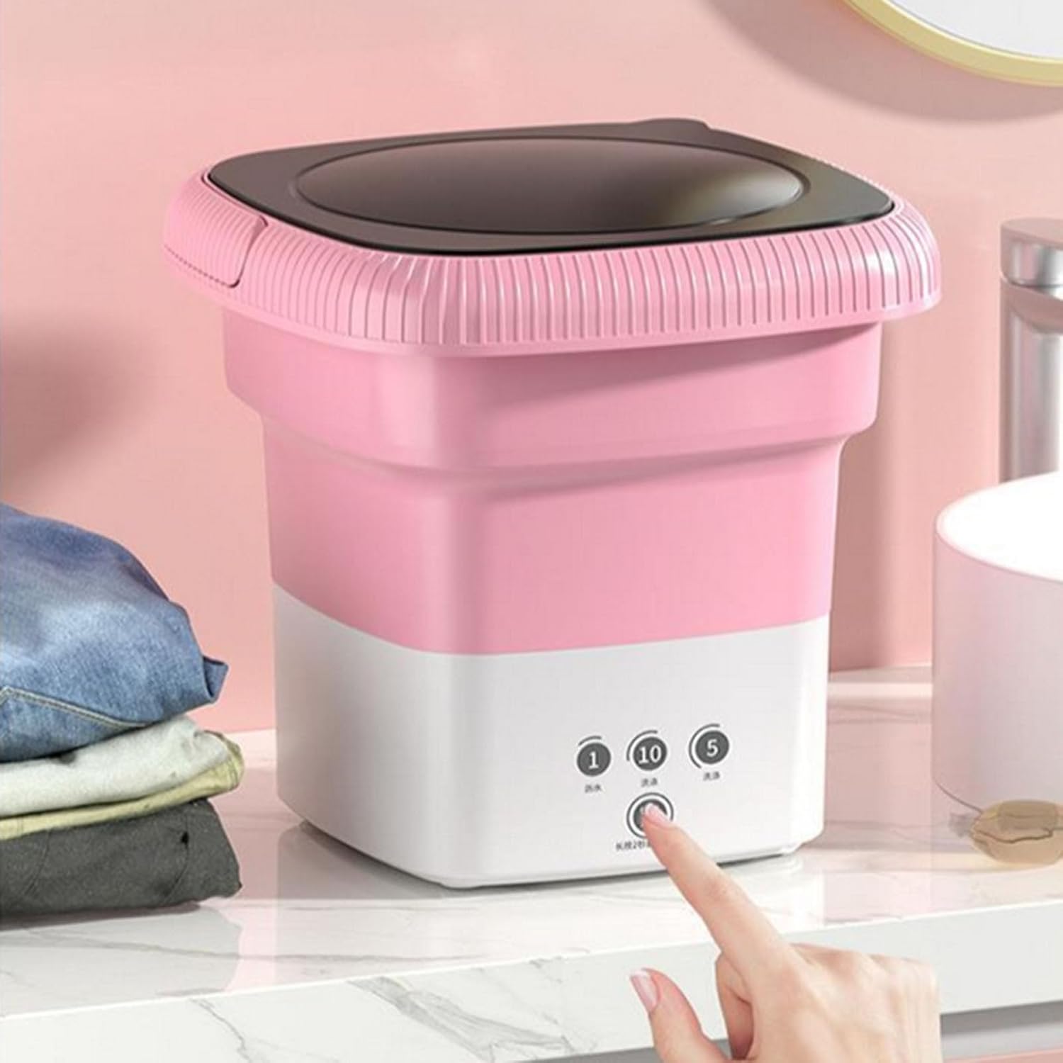 Portable Washing Machine, Mini Foldable Washer with Spin Dryer, 10L Mini Laundry Washer with 3 Modes Cleaning for Underwear Socks, Compact Small Washing Machine for Camping Travel Apartment (Pink)