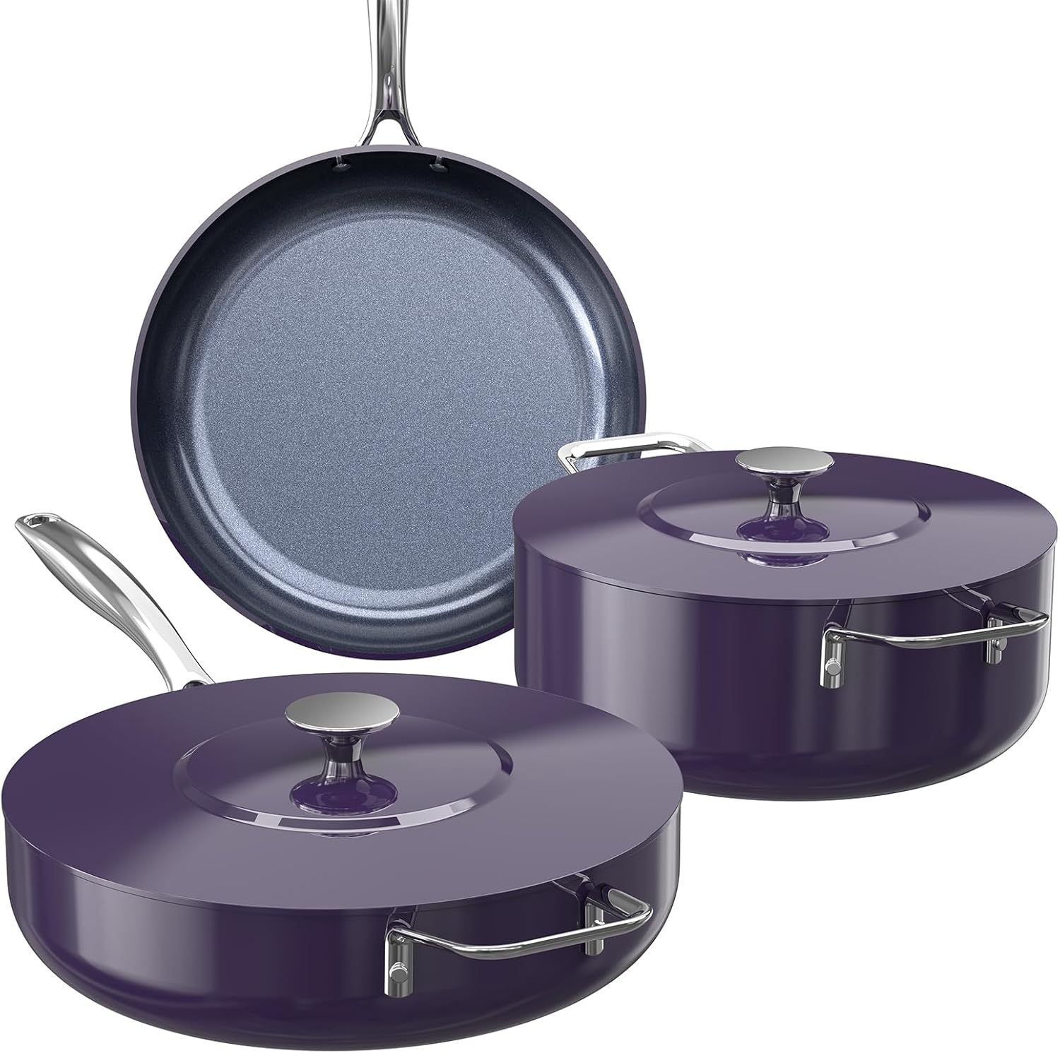 Nuwave Essential Series 5PC Ceramic Cookware Set PFAS-Free, G11 Duralon Blue Coating, Pots and Pans Set Non Stick, Diamond Scratch-Resistant,Stay-Cool Handle, Metal Lid,Induction Ready,Dishwasher Safe