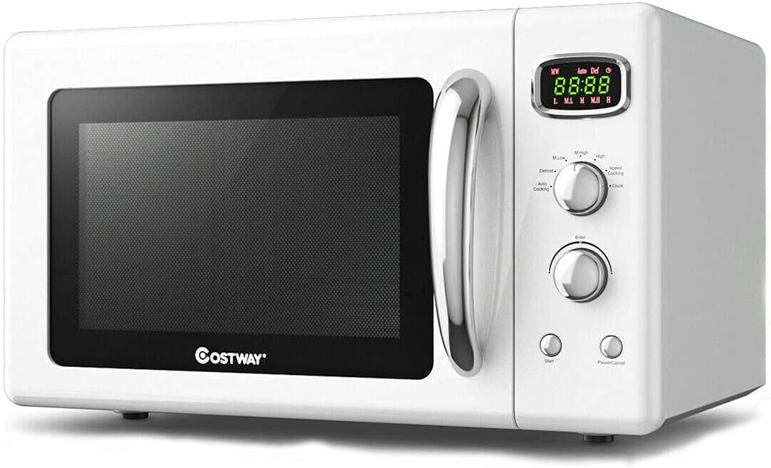 Moccha Large 0.9Cu.ft Countertop Microwave Oven, 900-Watt Retro Microwave w/Child Safety Lock, Defrost & Auto Cooking Function, LED Display, Glass Turntable (White)