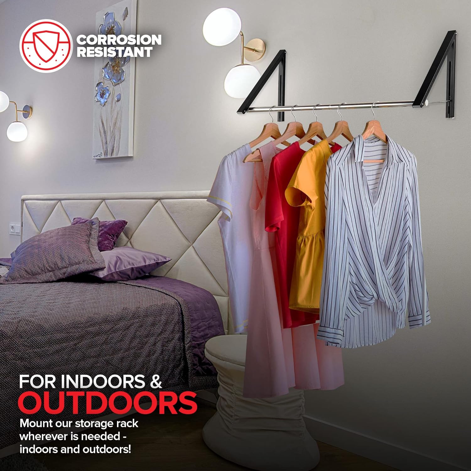 Double Foldable Clothing Rack w/ Extension Rod, Wall-Mounted Retractable Clothes Hanger for Laundry Dryer Room, Hanging Drying Rod, Small Collapsible Folding Garment Racks, Dorm Accessories (Black)