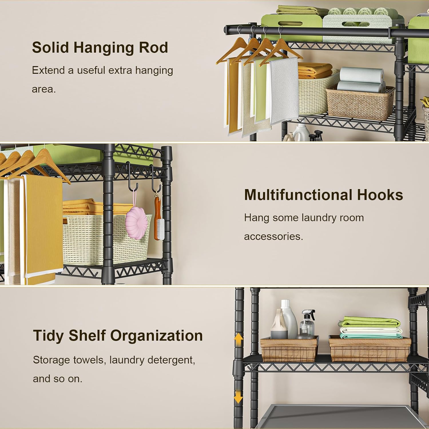 Ulif U13 Over Washer and Dryer Storage Shelves, 6 Tiers Laundry Room Standing Shelf with 2 Hanger Rods, Space Saver Clothes Drying Rack, 63.4