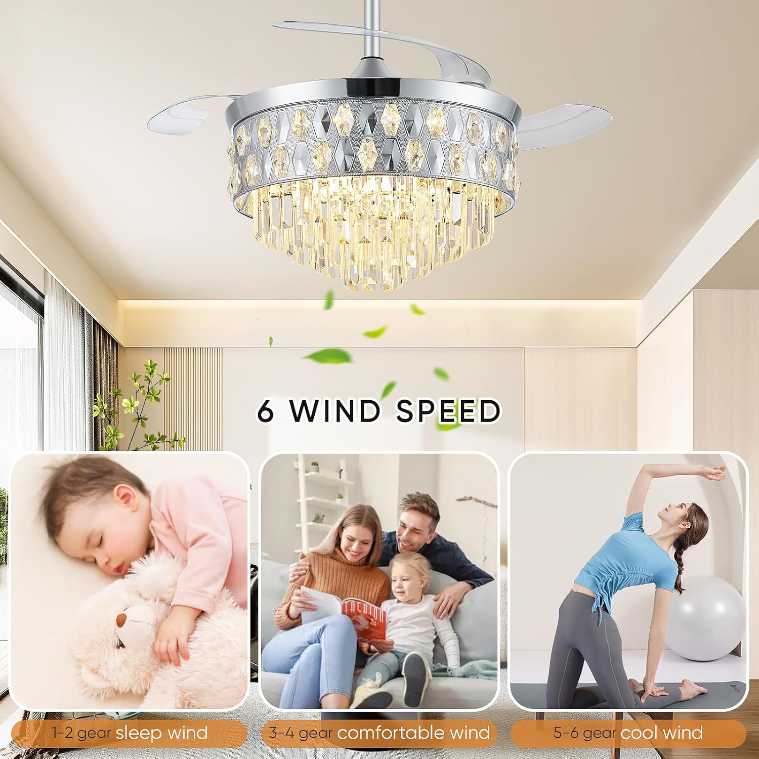 42 Inch Fandelier Ceiling Fan with Light, Chandelier Fan for Bedroom Living Room, Retractable Ceiling Fan with Lights, 6 Wind Speeds, LED Dimmable, Memory and Timing Function-Chrome
