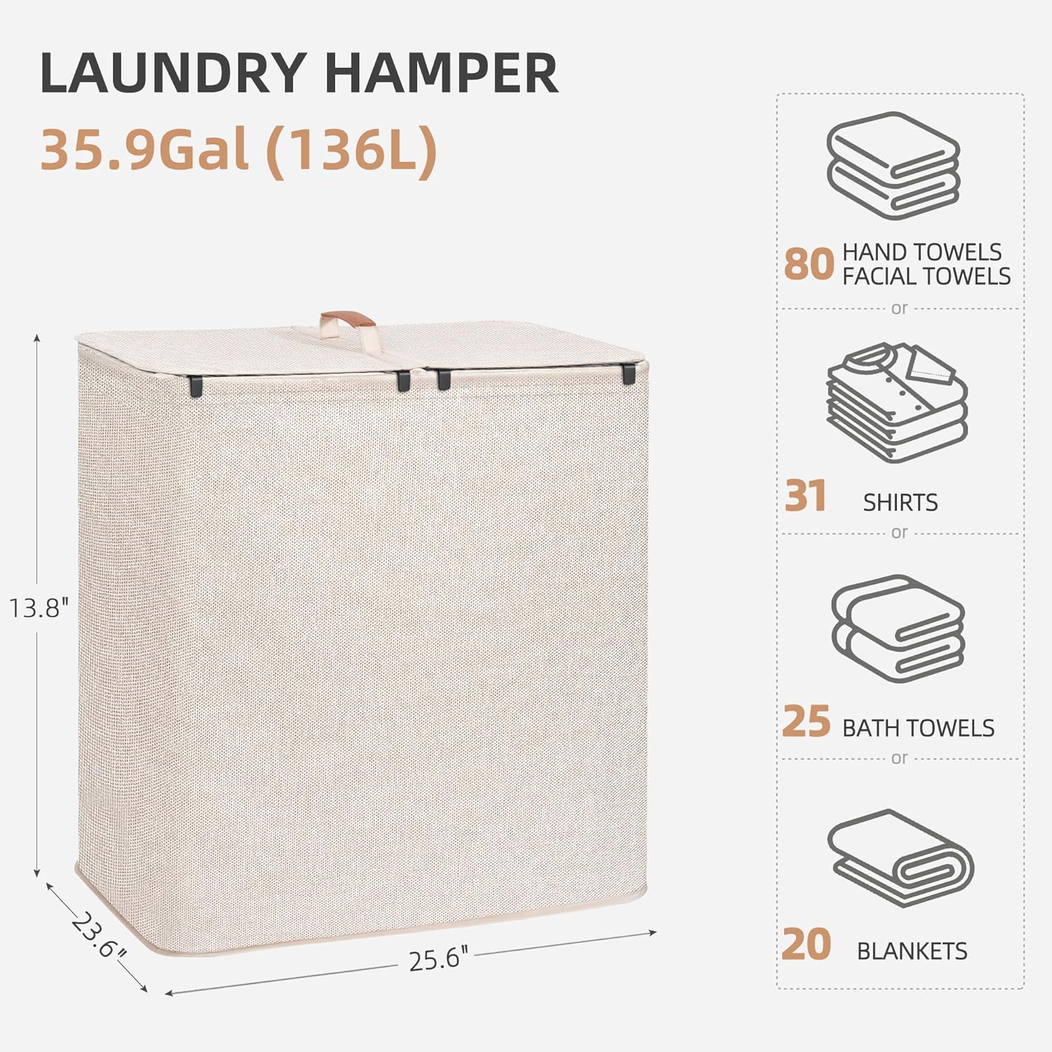 STORAGE MANIAC Double Laundry Hamper, 136L Laundry Sorter with Lid and Removable Bags, Clothes Hamper, Large 2 Section Clothes Basket with Handles for Small Space, Dorm, Closet, Bathroom, Beige