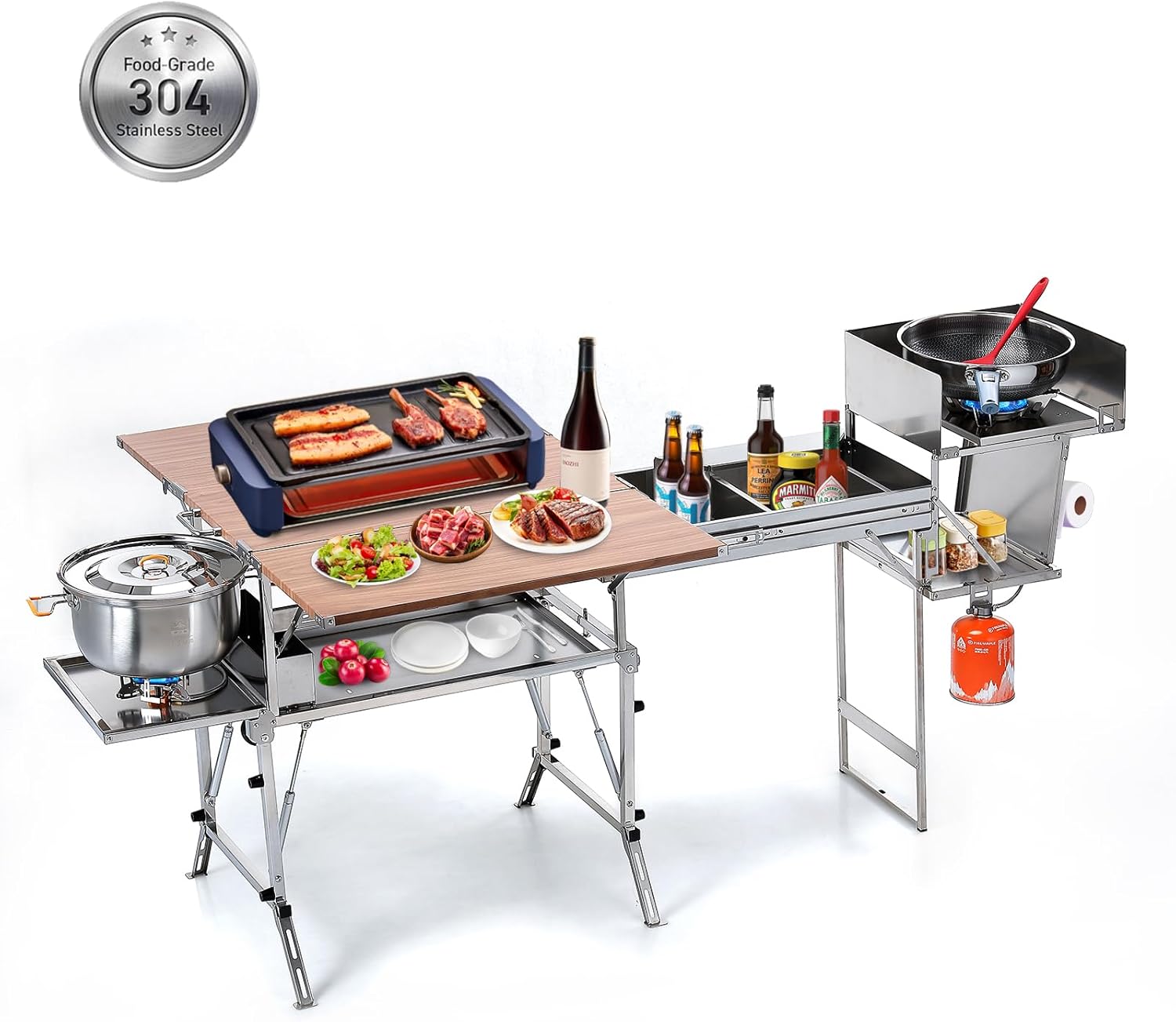 Pizza Oven Table, Stainless Steel Grill Cart Table for Blackstone Griddle, Outdoor Pizza Oven Stand Fits Ninja, Cuisinart, Gozney, 7500W Double Stove, BBQ Prep Tables Station with Seasoning Tray