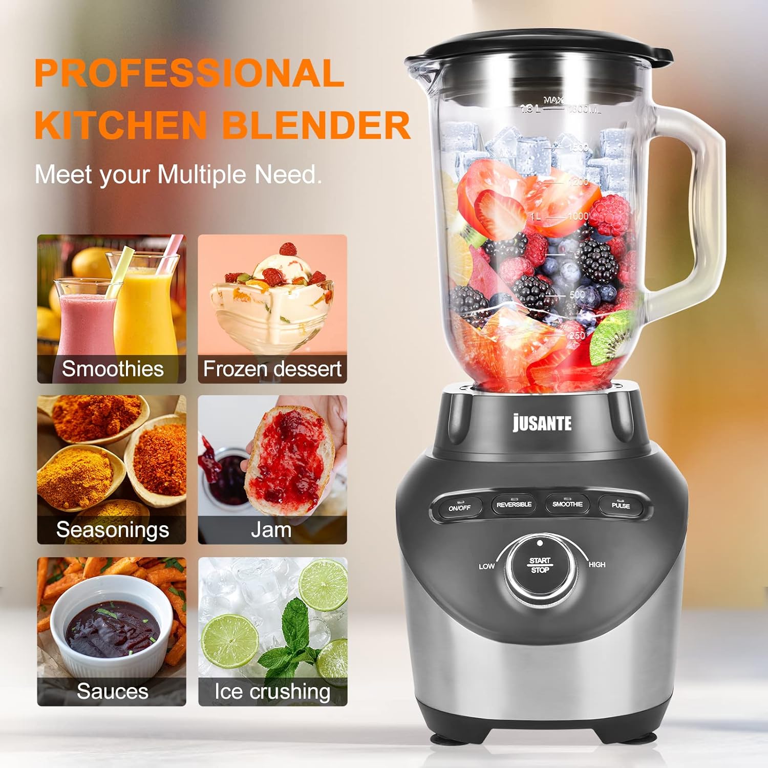 Blender with 64 oz Glass Jar - 1200W High Speed Juicer Blender for Smoothies, Shakes & Frozen Drinks (Black)