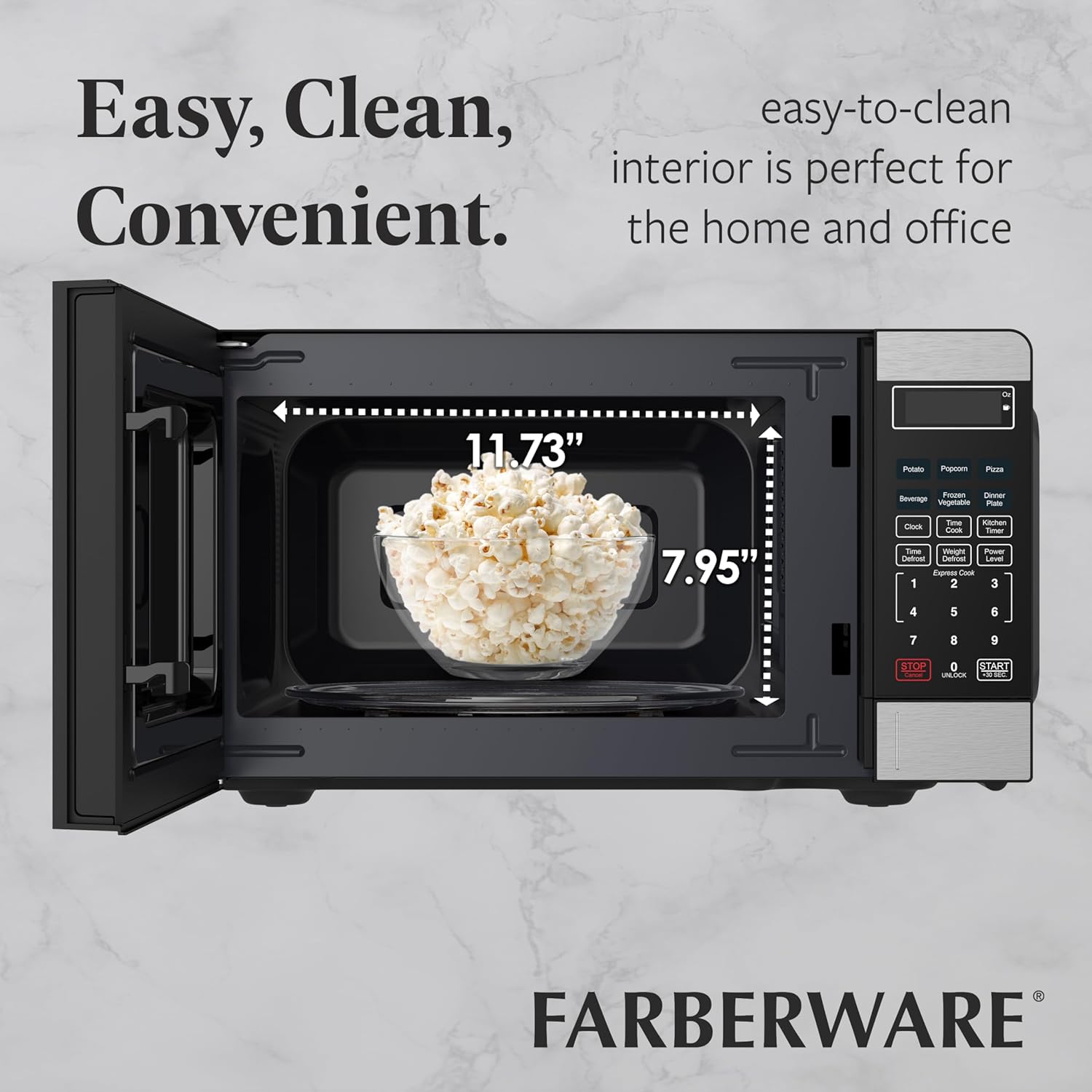 Farberware 0.7 Cu. Ft. Countertop Microwave Oven – 700 Watts Power, Auto Cook Settings, Defrost, Easy Clean and Child Safety Lock - Stainless and Black