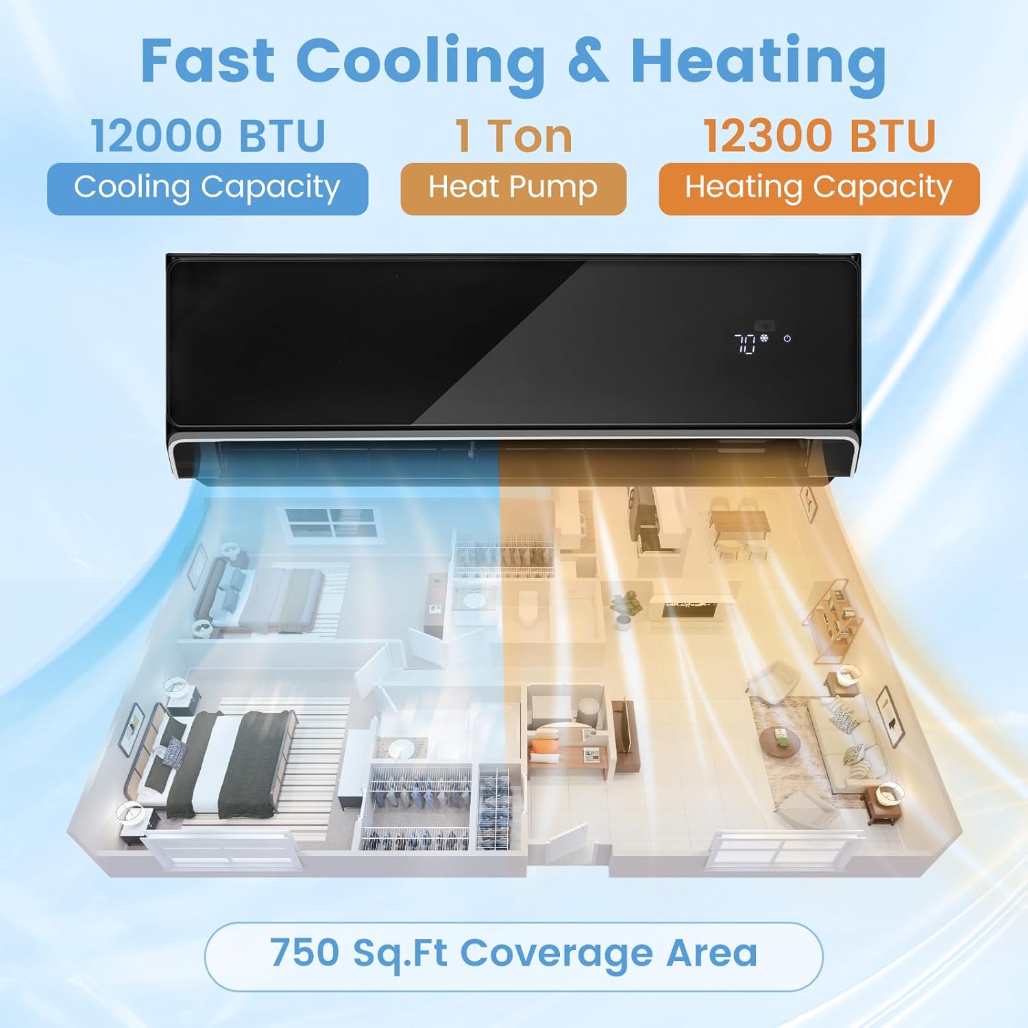 GLACER 12000 BTU Mini Split Air Conditioner & Heater, 22 SEER2 Inverter AC Unit Cools Up to 750 Sq. Ft, Wall-mounted Tubeless Split-System with Mounting Kit (Black, 12000BTU, 208-230V, 22 SEER2-WIFI)