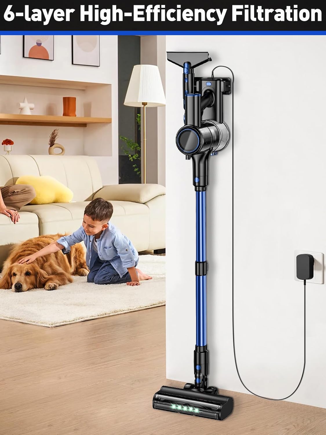Cordless Vacuum Cleaner, 45KPA 8 in 1 Lightweight Vacuum Cleaners for Home, 50Mins Anti-Tangle Stick Vacuum, LED Display, Rechargeable Vacuum for Pet Hair/Carpet/Floor (Blue)
