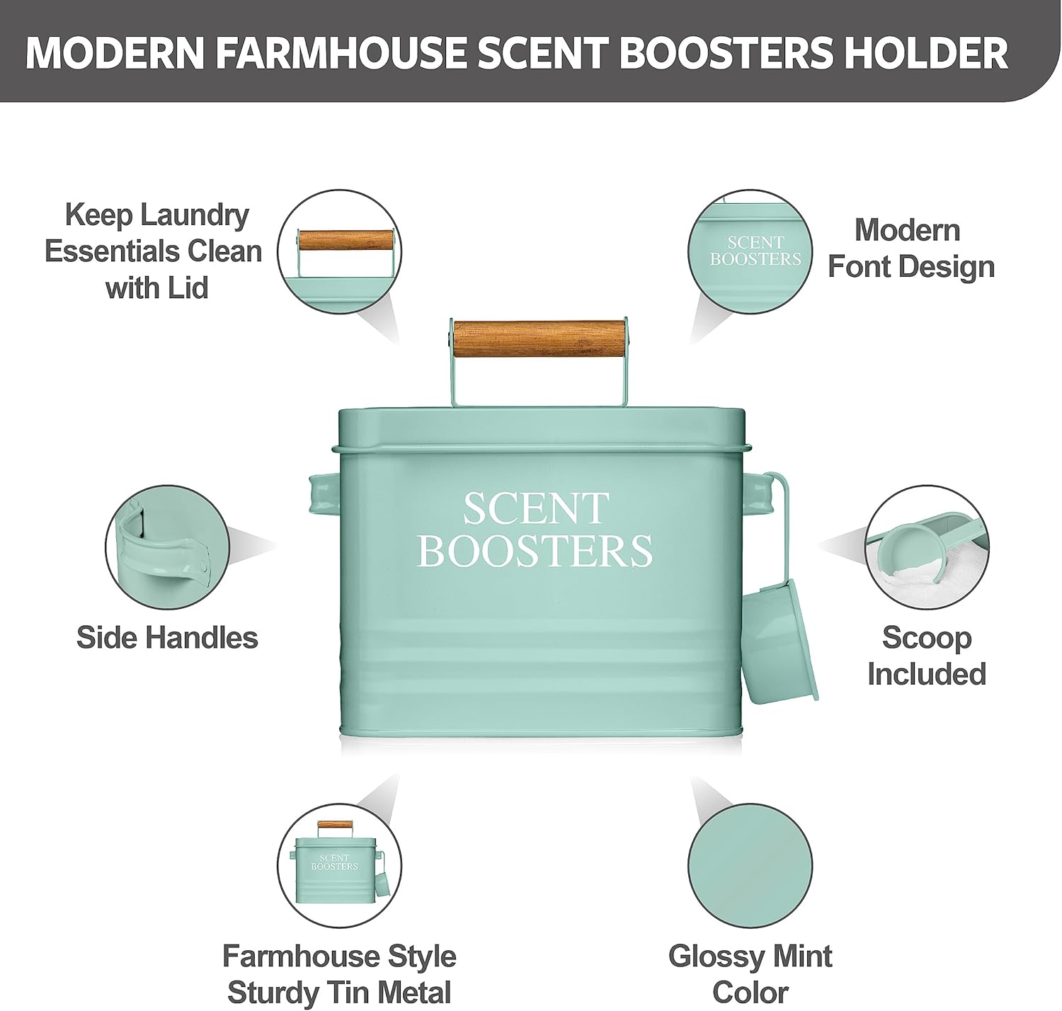 Calindiana Modern Farmhouse Lint Bin, Dryer Sheets Holder and Scent Boosters Container Bundle for Laundry Room Organization and Storage, Laundry Room Decor, Mint