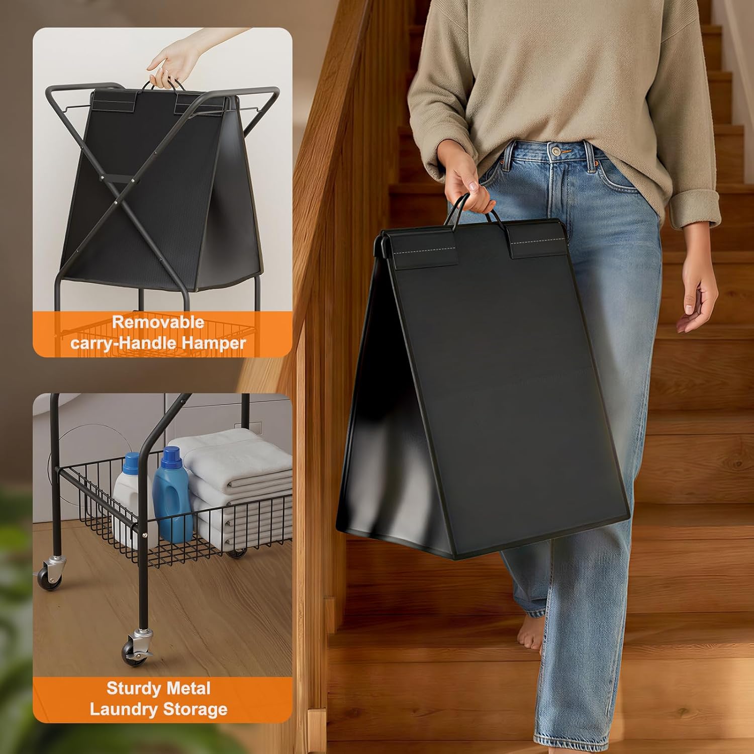 Laundry Basket with Wheels:88L Rolling Laundry Cart Foldable Metal Frame Dirty Clothes Laundry Hamper 36