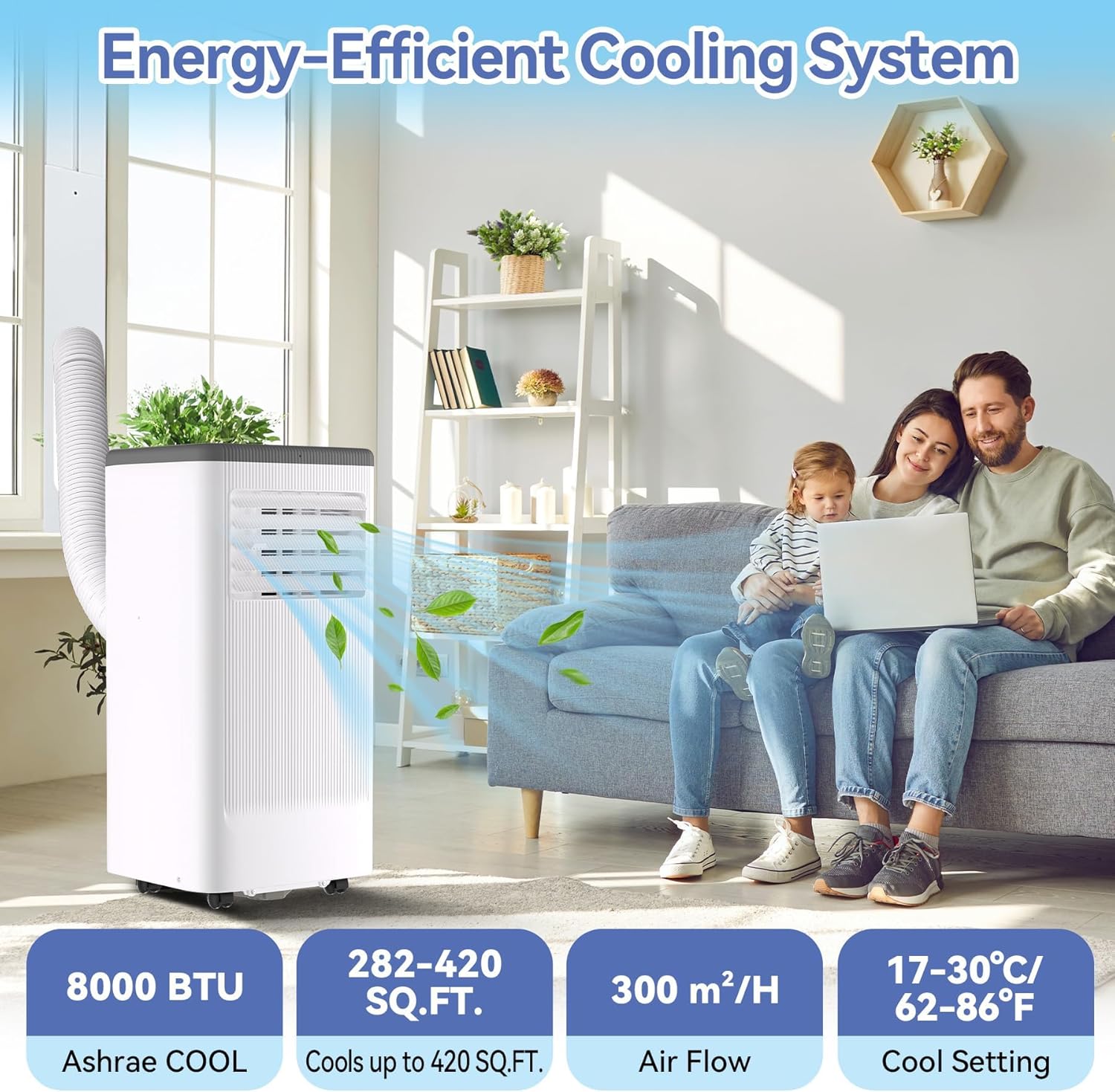 8000 BTU Portable Air Conditioner, Portable AC Unit with Cooling, Dehumidifier and Fan Functions, Cools Up to 420 Sq. Ft., Remote Control, LED Display Included, Gray Top