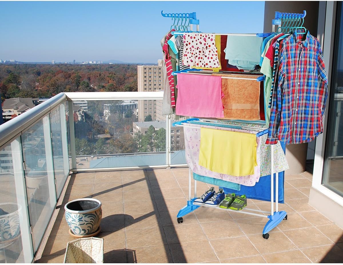 BonBon 3 Tier Clothes Drying Rack Folding Laundry Dryer Hanger Compact Storage Steel Indoor Outdoor (Blue/White)