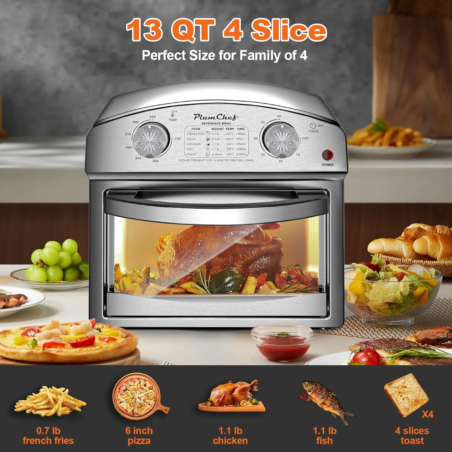 PlumChef 13 Quart 4 Slices Air Fryer Convection Toaster Oven, 1500W, Multifunction Oven with Reference Menus on Panel, Time and Temperature Controls,Stainless Steel