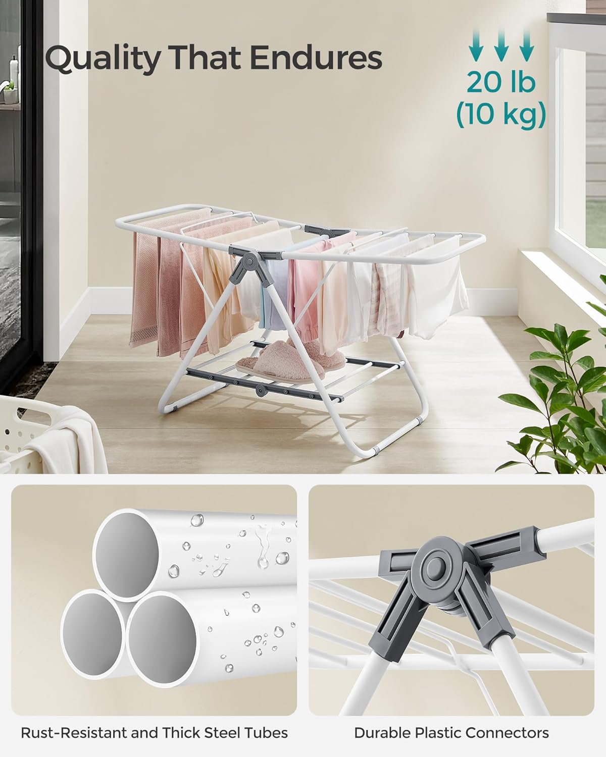 SONGMICS Small Clothes Drying Rack, Foldable 2-Level Laundry Drying Rack, Space-Saving, for Small Clothes, Towels, Bathroom, Balcony, 17.3 x 39.8 x 19.7 Inches, Cloud White ULLR504W01