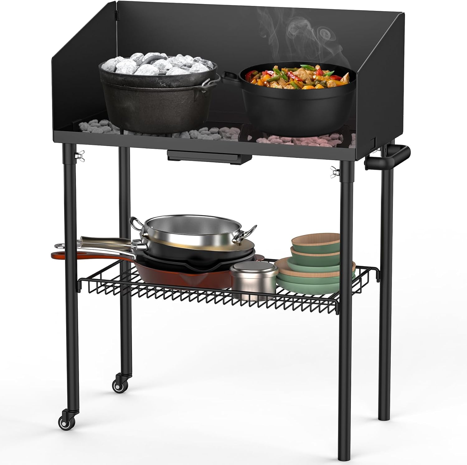 only fire Outdoor Camp Cooking Table for Dutch Ovens and Food Preparation, Collapsible Grill Table Camping Kitchen Station with Side Windscreen & Storage Basket for Backyard BBQ Picnic RV