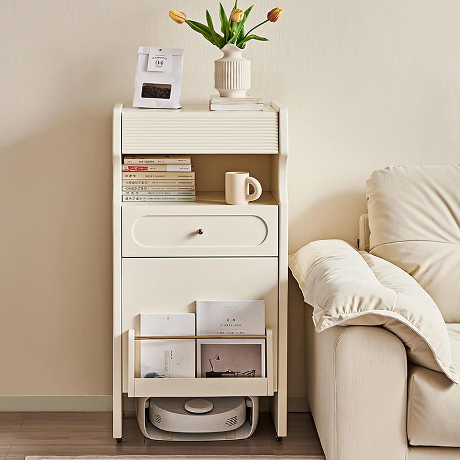 Smart Floor Sweeper Hidden Storage Rack, Entryway Hallway Robot Vacuum Cleaner Shelf, Side Table for Living Room, Home Office