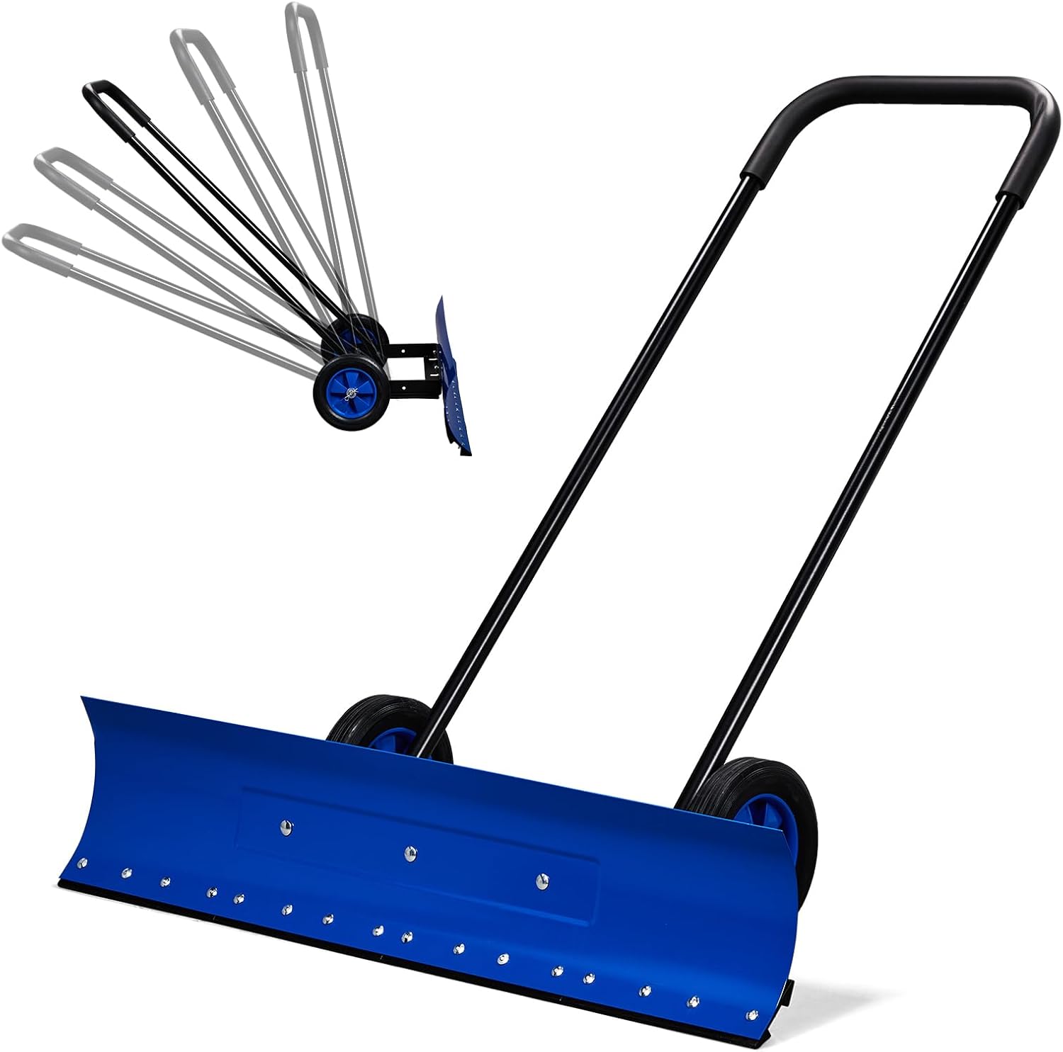 Outvita 39-inch Snow Pusher Shovel with Wheels, Bi-Directional Wheeled Push Snow Plow Removal for Driveway and Sidewalks with Angled Blade (Blue & Black)