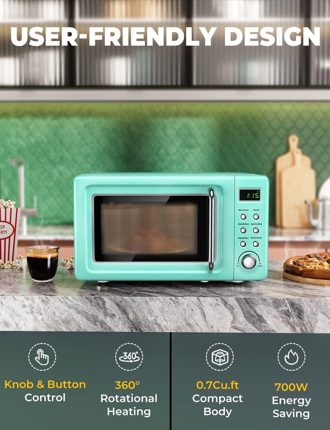 SIMOE Countertop Retro Microwave Oven, 0.7 Cu Ft Small Microwave with Defrost, 5 Micro Power, 8 Auto-cooking Set & Child Lock, Compact Microwave w/ 60min Timer, LED Display, 700W, Mint Green