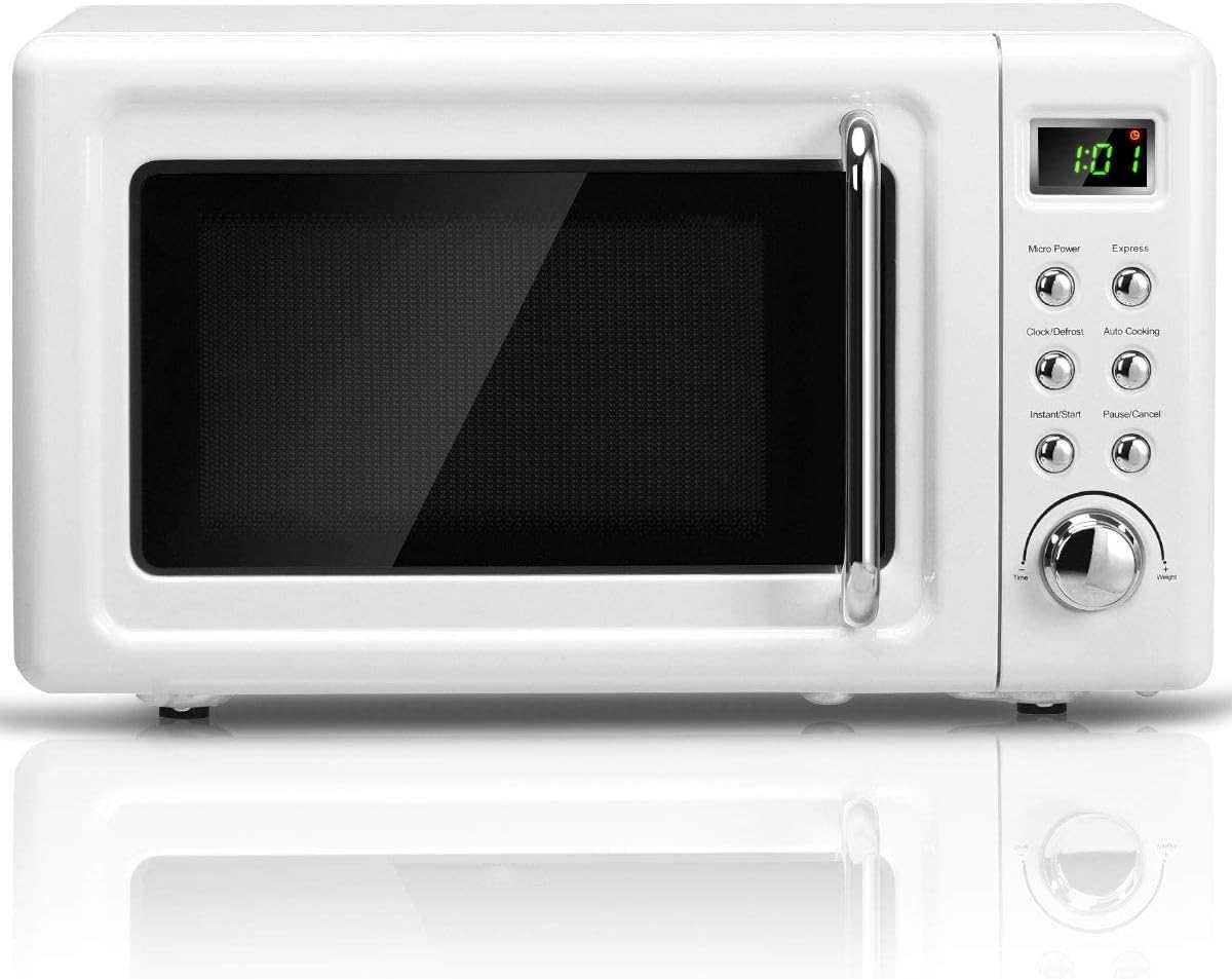 ARLIME Retro Microwave 0.7Cu.ft, 700 Watt Countertop Microwave with 5 Micro Power Defrost & Auto Cooking Function, LED Display, Child Lock, Small Microwave for Kitchen, RV, Dorm ​(White)