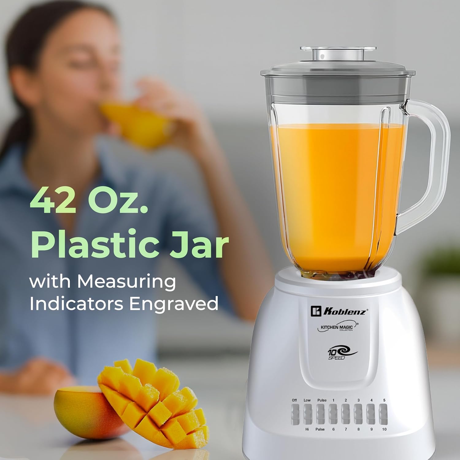 Koblenz 42 oz Plastic Jar Blender, 10 Speed and 2 Pulses, Countertop Blender with Stainless Steel Blades, Perfect for Shakes and Smoothies, 500-Watt Motor, White, LKM-5510 PB