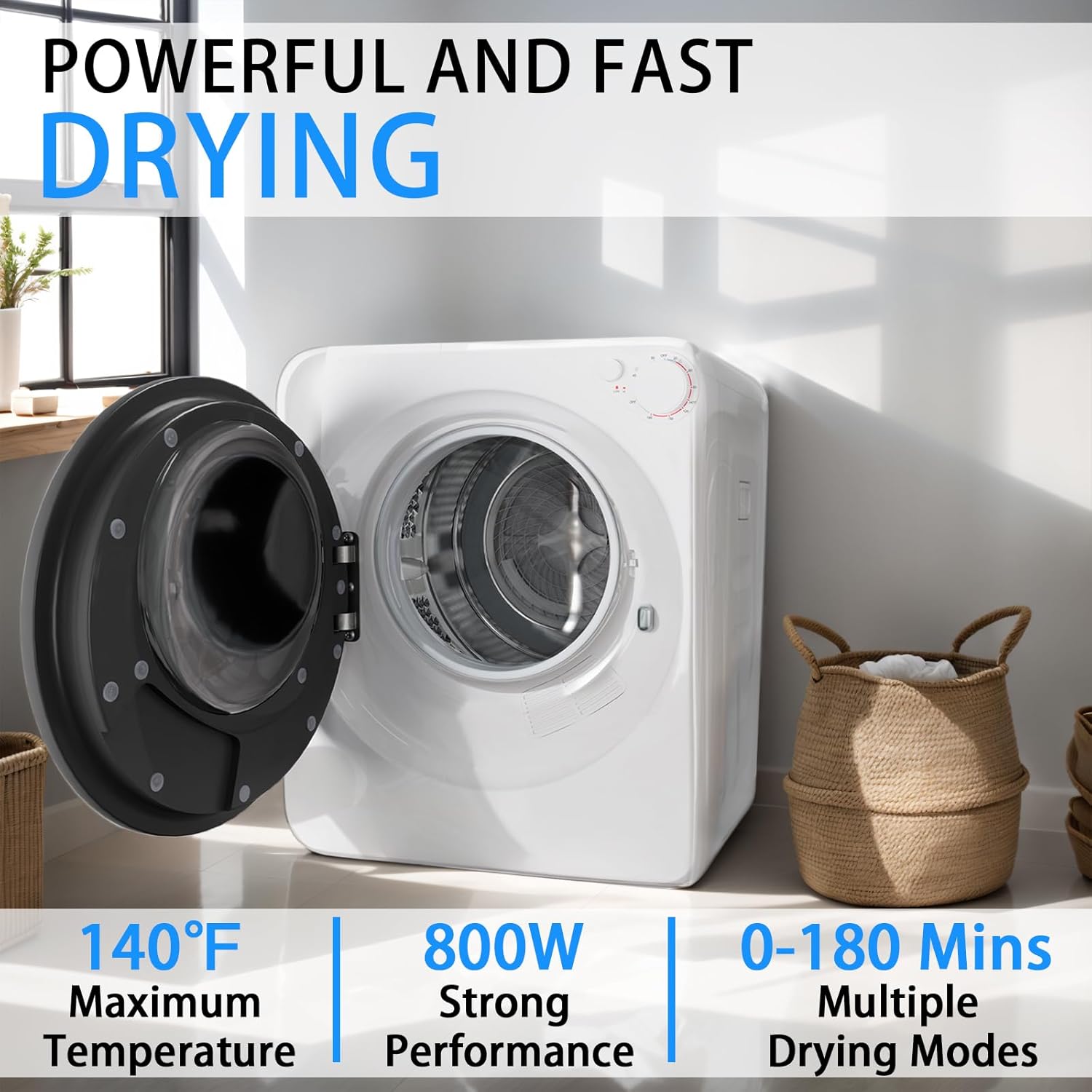 1.8 cu.ft Portable Clothes Dryer, 800W Compact Dryer with Stainless Steel Tub, 5 Modes Auto Stop & Easy Control Electric Dryers, Ideal for Laundry, Apartments, Dorms, RVs, White