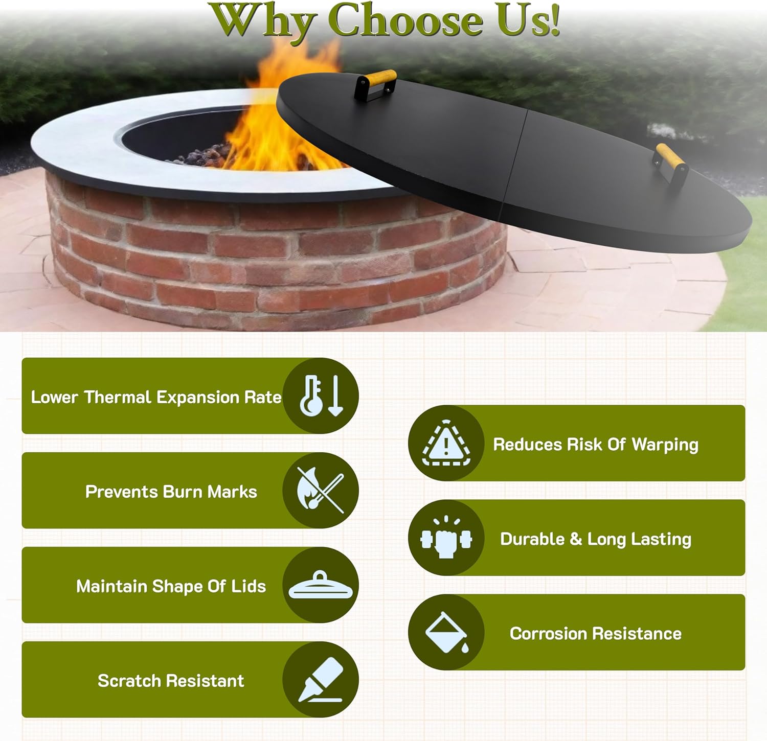 42” Round Fire Pit Lid – Heat Resistant Fire Pit Cover Lid Round for Outdoor Fireplace -16 Gauge Steel Flat Fire Pit Burner Pan Cover with Dual Wooden Handles Snuffer Lid for Patio Fire Pit Ring