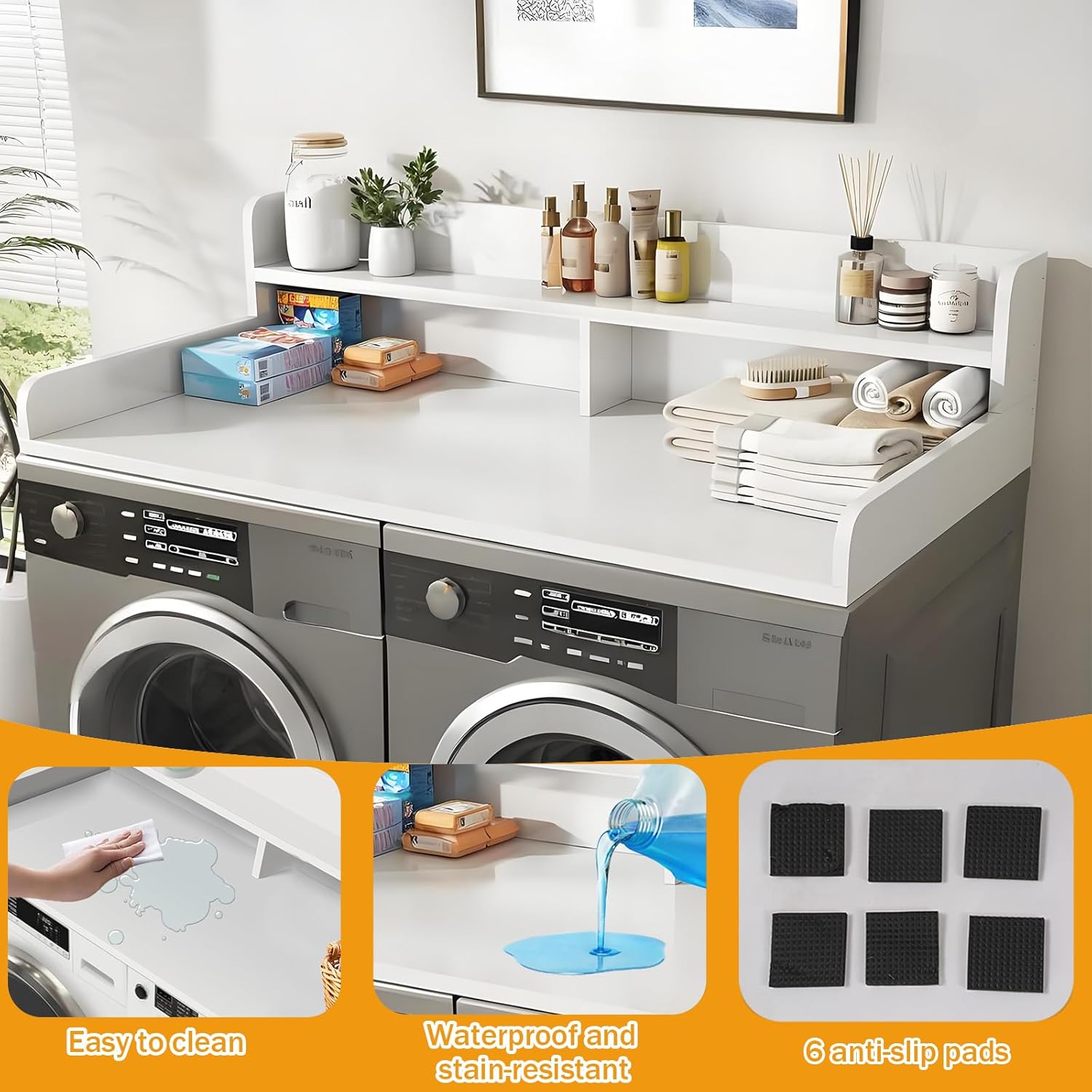 Washer Dryer Countertop with 2-Tier Shelf, Wood Laundry Countertop with 2.7