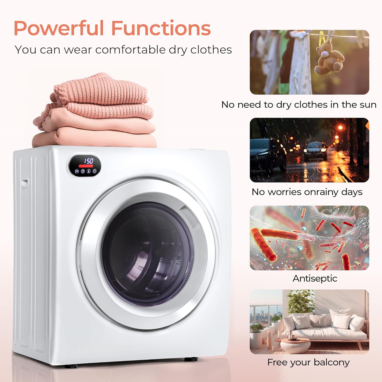 Euhomy Portable Dryer with Exhaust Hose, Four Drying Functions, Dries Up to 9 lbs of Clothes, 1400w Mini Dryer with Stainless Steel Liner, Suitable for Apartments, RVs, Gym